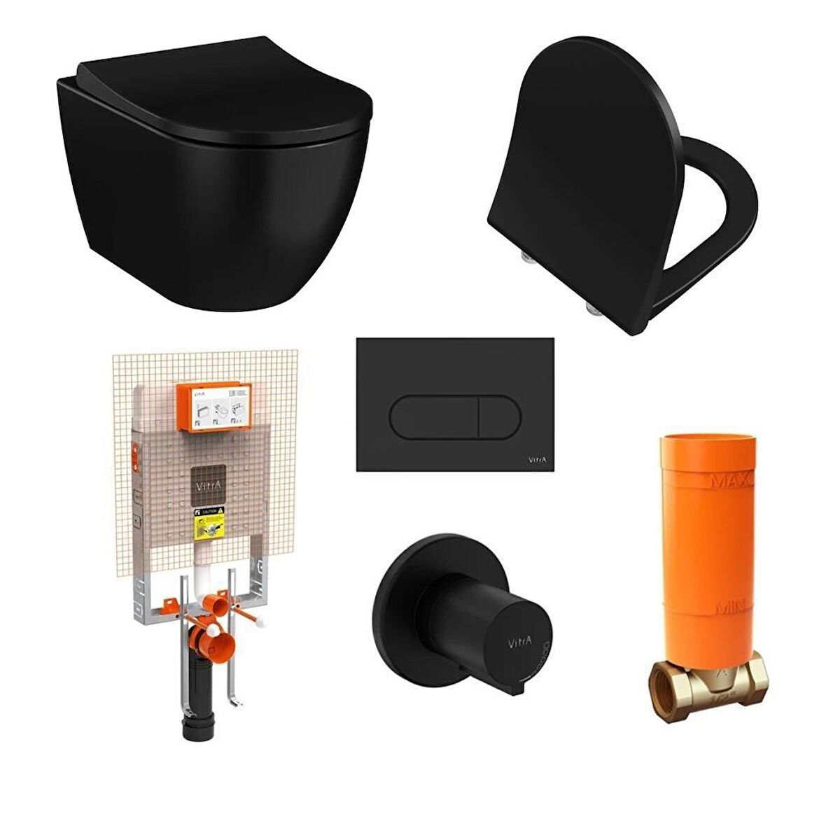 VitrA S60 Mat Siyah Kanalsız Asma + Mat Siyah Gömme Rezervuar + Slim Yavaş Kapanır Kapak