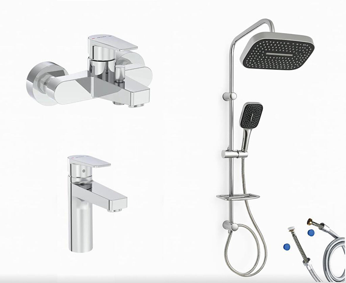 Artema Flow Square Banyo Bataryası + Flow Square Lavabo Bataryası + Doppo Prime Lux Tepe Duş Sistemi