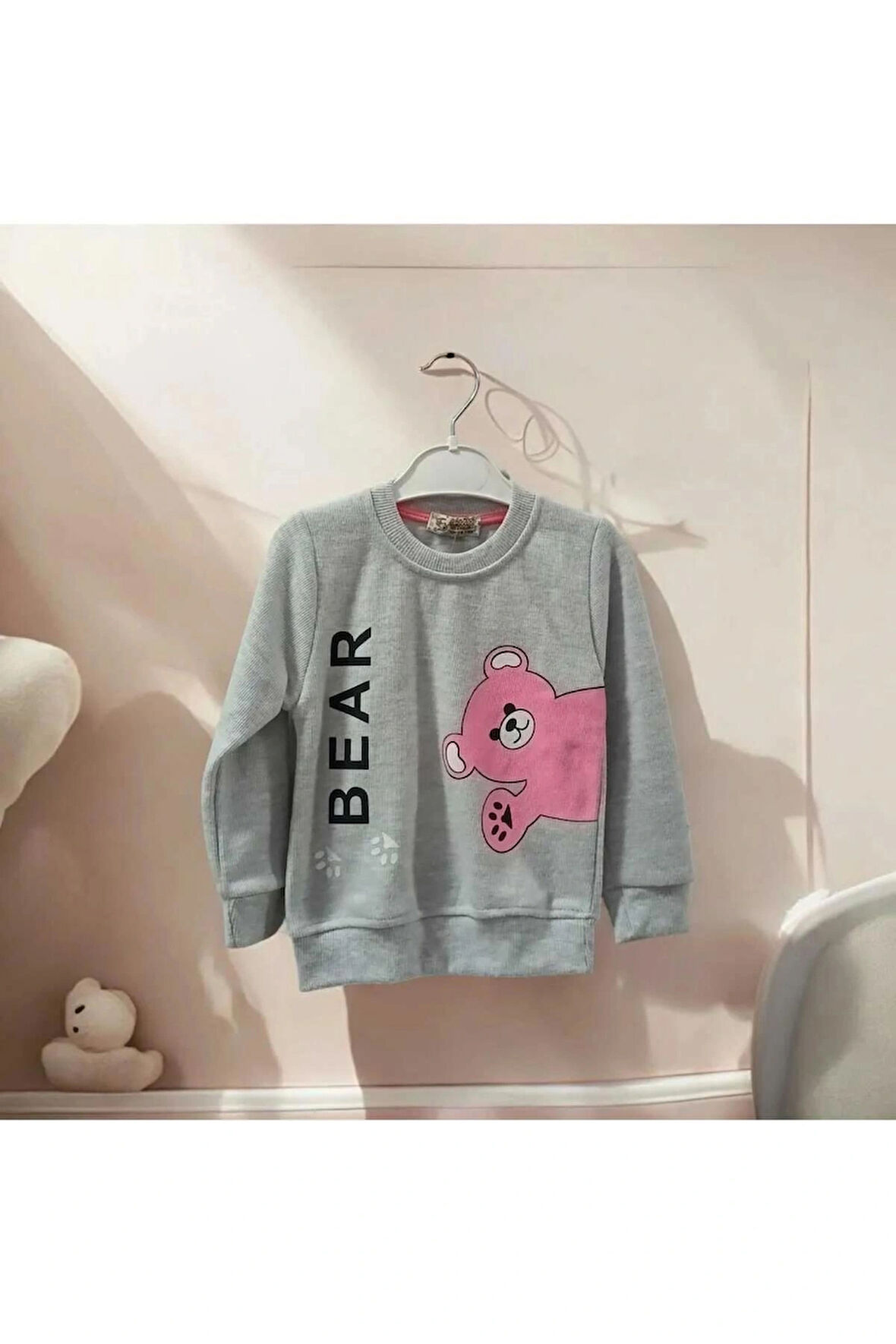 Gri Bear Baskılı Kız Çocuk Sweatshirt