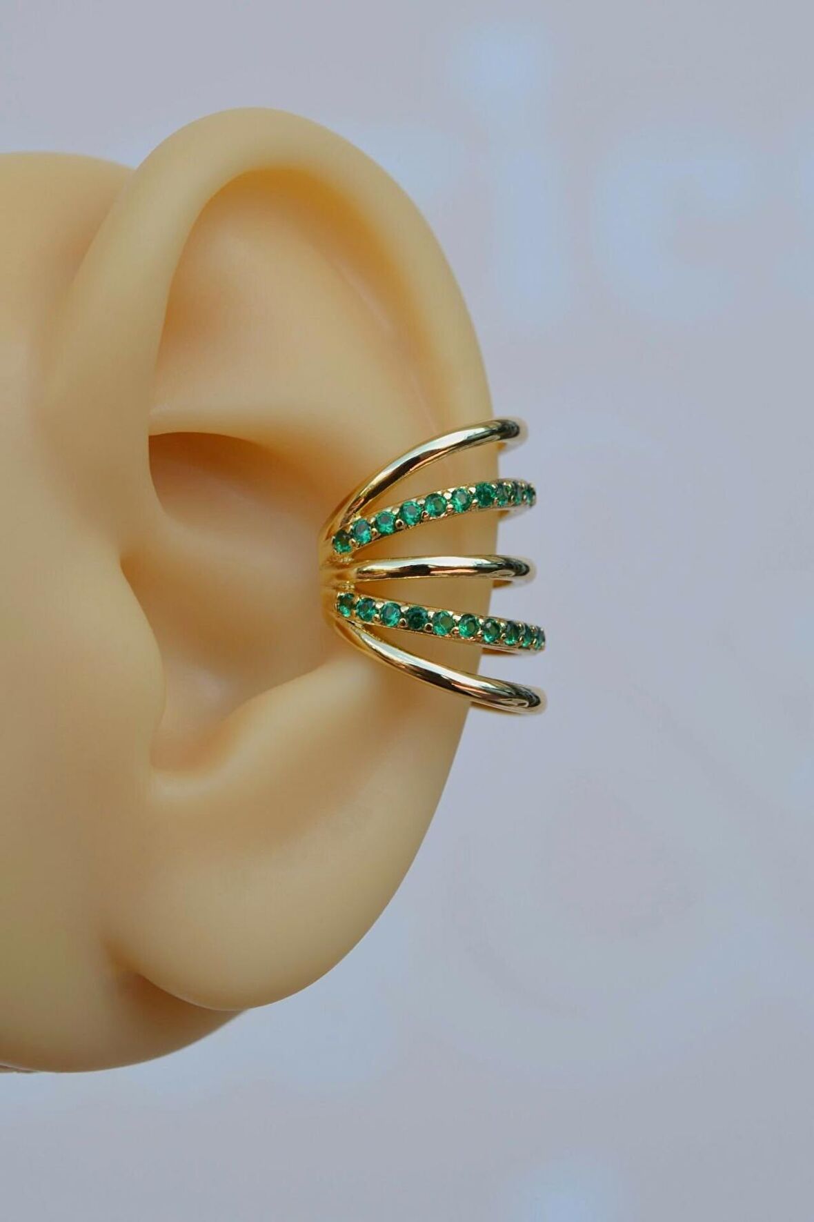 Zümrüt Yeşili Taşlı Çoklu Earcuff Sıkıştırmalı Kıkırdak Küpesi Gold