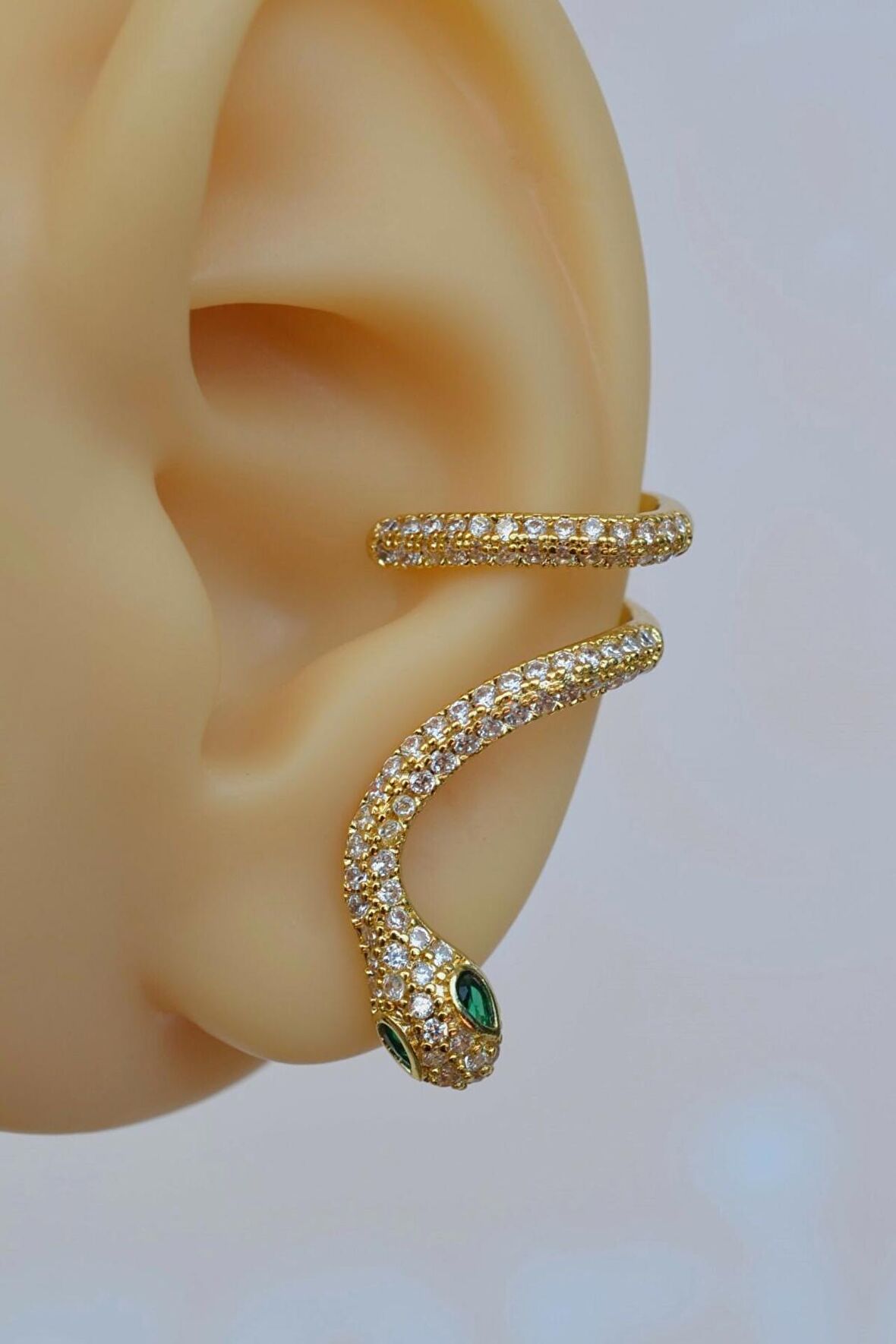 Yeşil Gözlü Yılan Earcuff Sıkıştımalı Kıkırdak Küpesi Gold