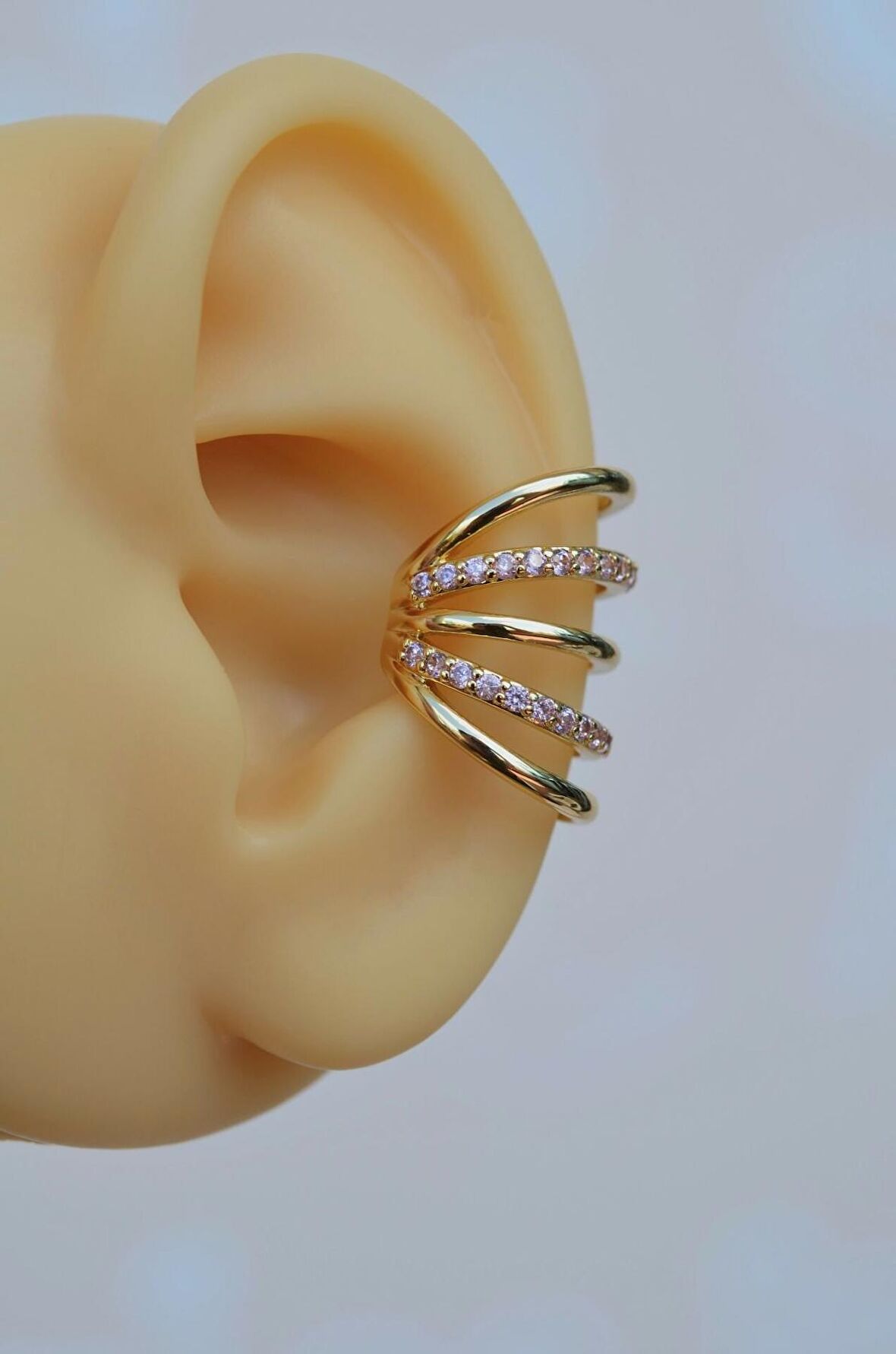 Pembe Taşlı Çoklu Earcuff Sıkıştırmalı Kıkırdak Küpesi Gold Renkli
