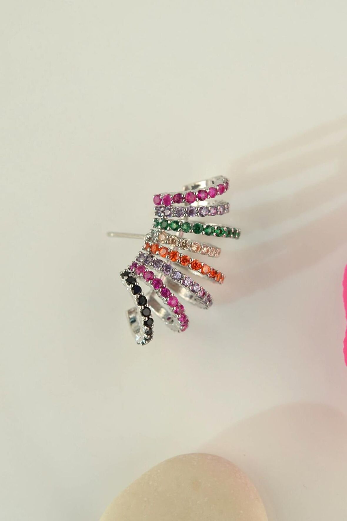 Multicolor Çoklu Earcuff Çok Renkli Kıkırdak Küpesi Gümüş Rengi
