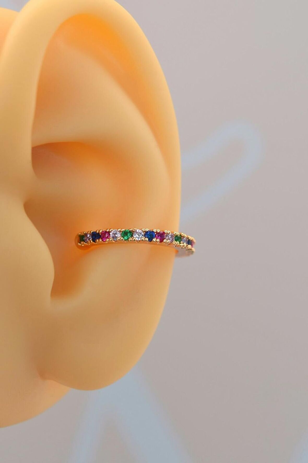 Multicolor Çok Renkli İnce Taşlı Earcuff Sıkıştırmalı Kıkırdak Küpesi