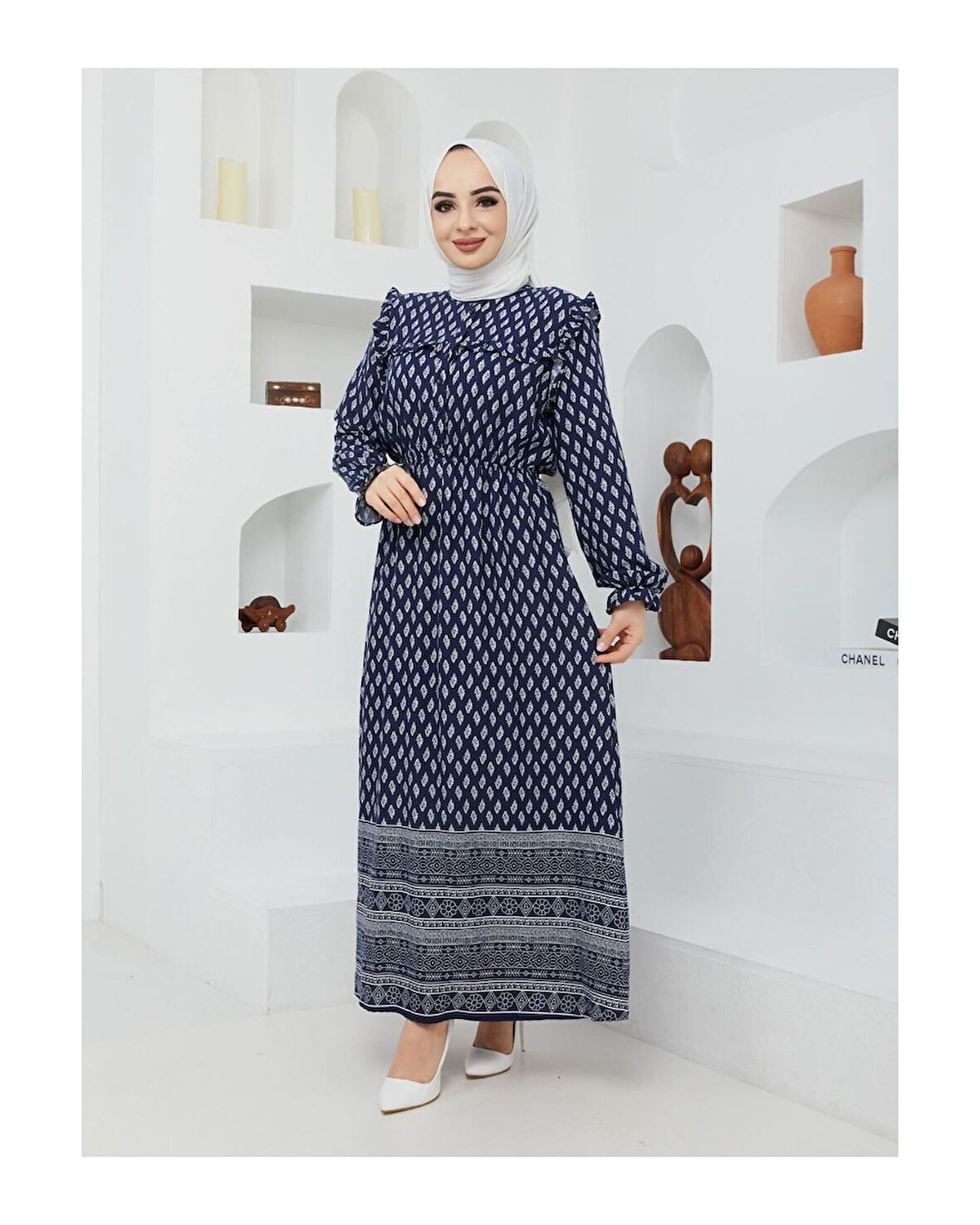 Doğal Kumaşlı - Yeşil Desenli Elbise Mavi