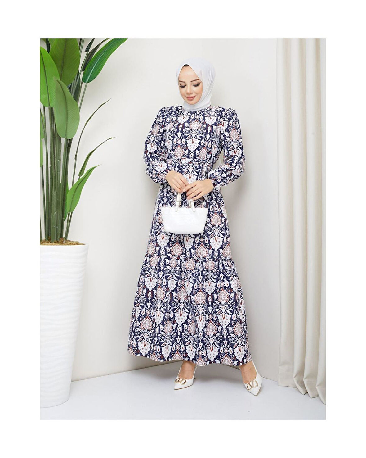 Terikoton Büzgülü Desenli Elbise Lacivert-1317