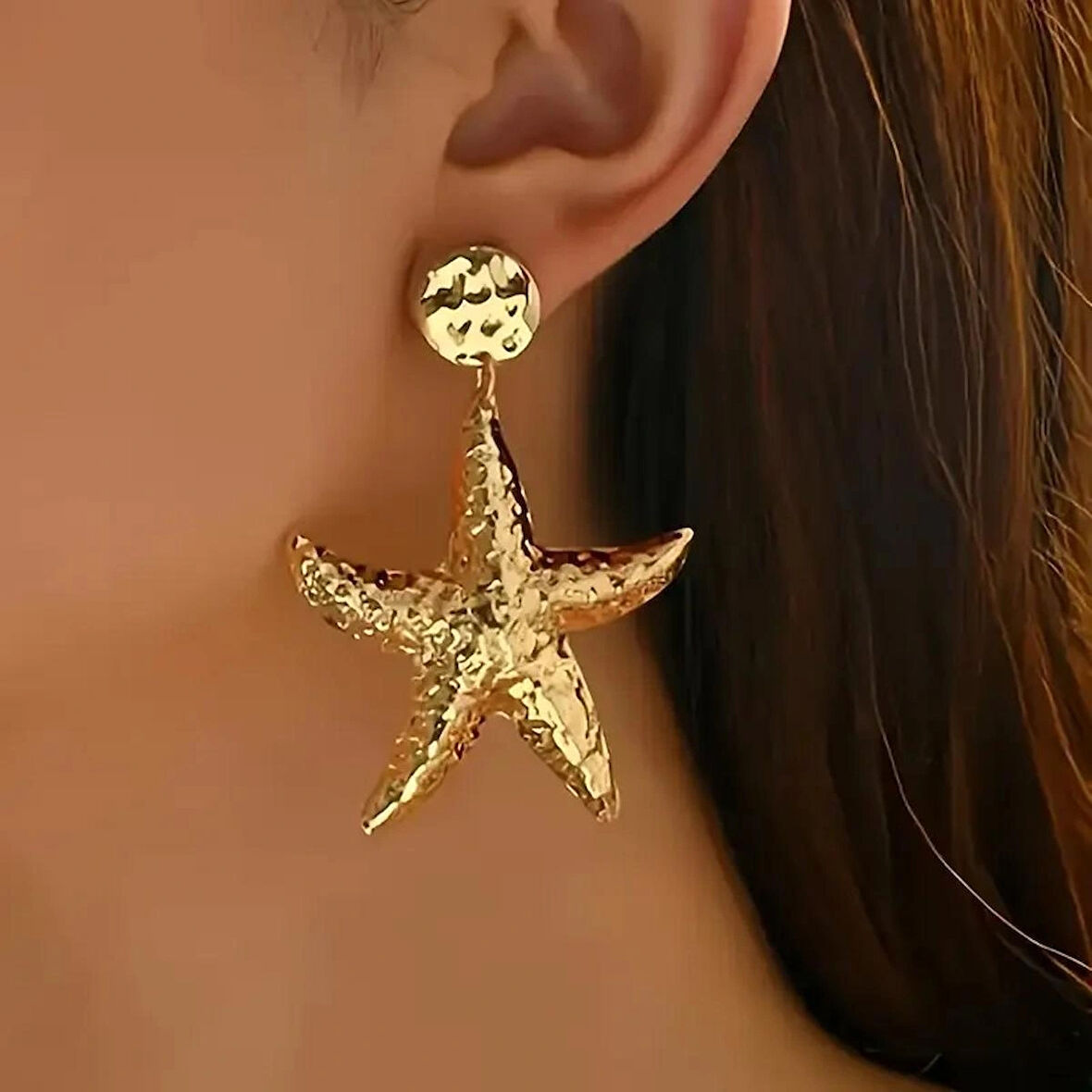 Büyük Deniz Yıldızı Tasarımlı Sallantı Küpe Altın Kaplama