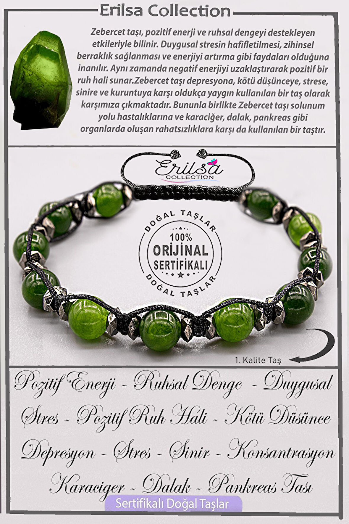Sertifikalı AAA+ Kalite Gerçek Terahertz - Zebercet Taşı Bileklik - Peridot