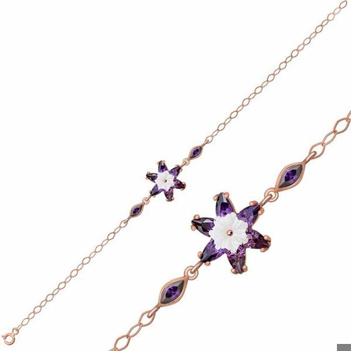 Ebuz Gümüş Rose Mor Lotus Çiçeği Bileklik