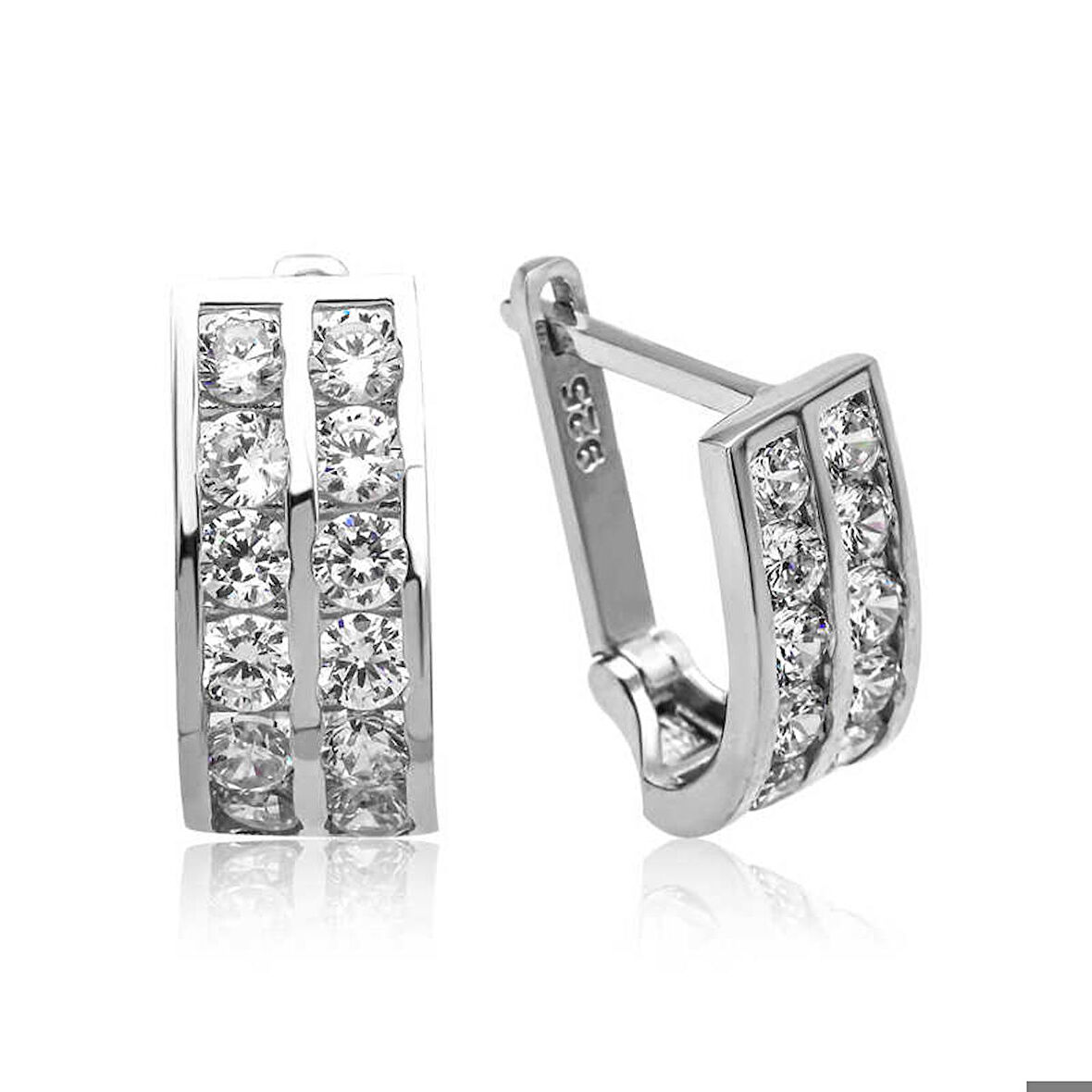 Ebuz Gümüş Çift Sıra Beyaz Taşlı J Kadın Küpe