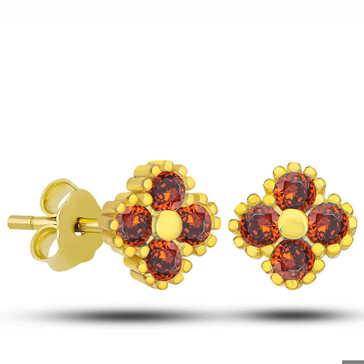 Ebuz Gümüş Gold Yonca Çivili Kırmızı Taşlı Çocuk Küpe