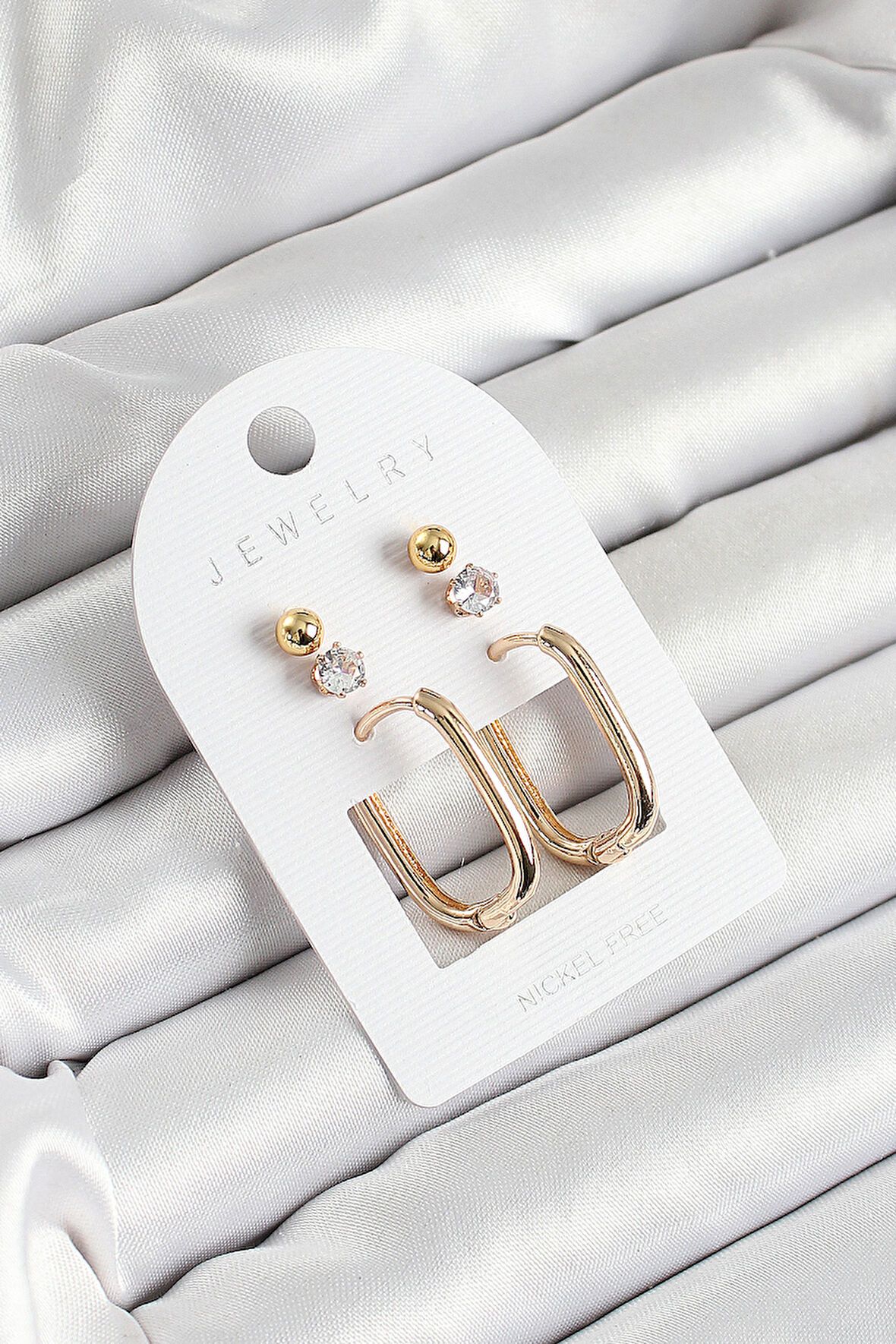 Pirinç Zirkon Taş Ve Dikdörtgen Figürlü Gold Renk 3'lü Çift Kadın Küpe Set