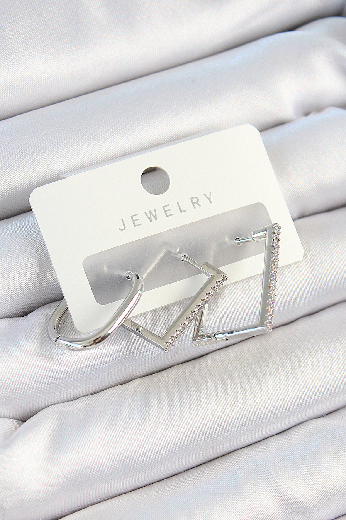 Pirinç Zirkon Taşlı Dikdörtgen Model Gümüş Renk 3'lü Çift Kadın Küpe Set