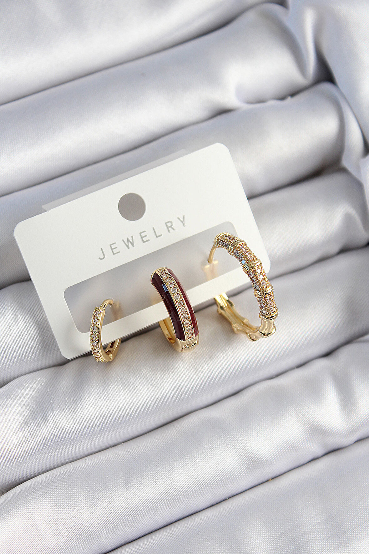 Pirinç Zirkon Taşlı Bordo Halka Model Gold Renk 3'lü Çift Kadın Küpe Set