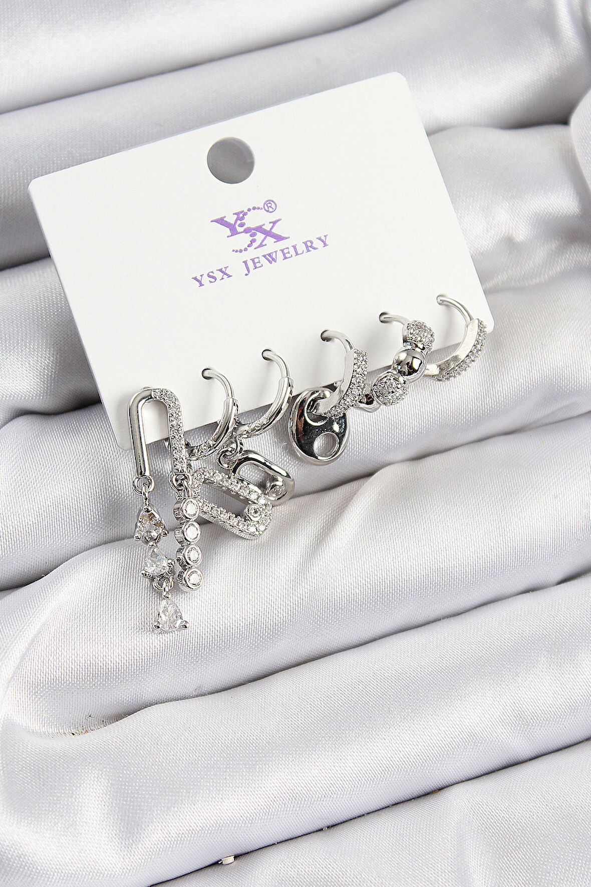 Pirinç Zİrkon Taşlı Dikdörtgen Model Gümüş Renk 3'lü Çift Kadın Küpe