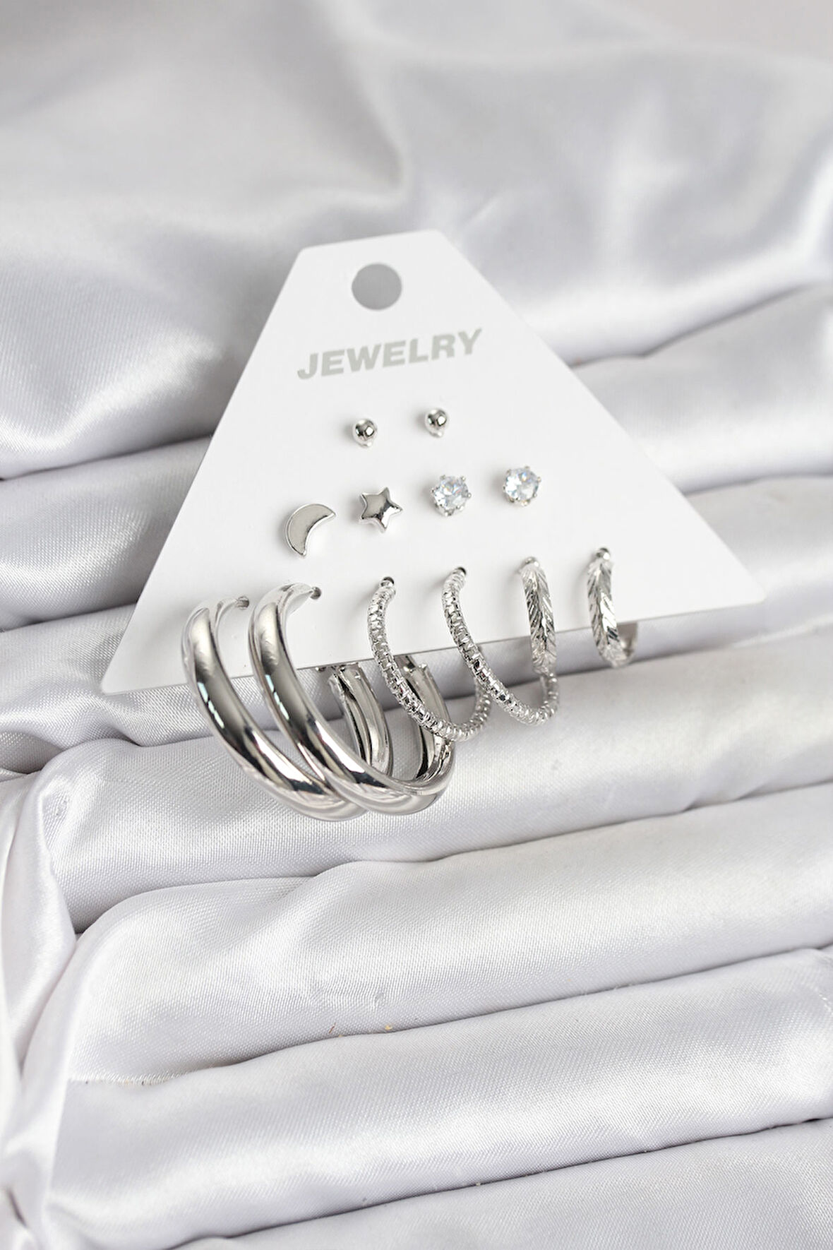 Pirinç Gümüş Renk Halka Modelli 6 Çift Kadın Küpe