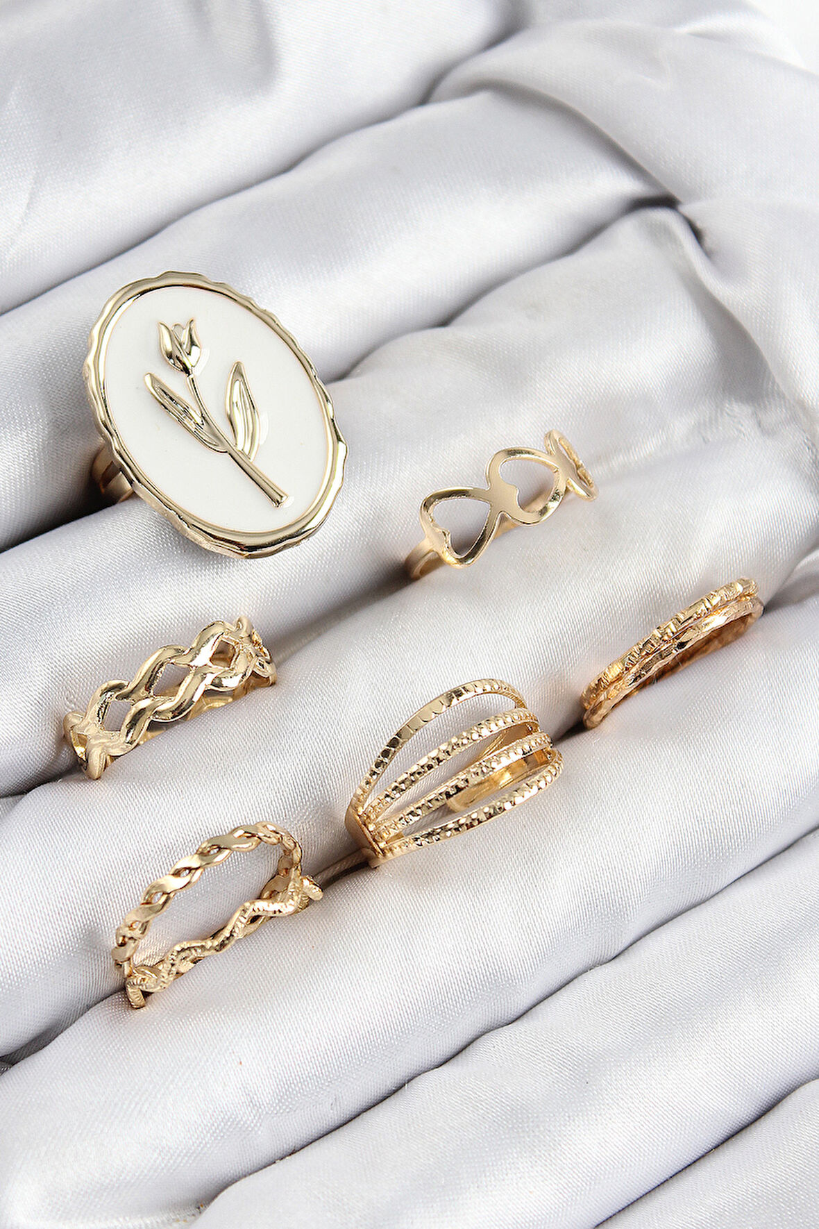 Pirinç Zirkon Taşlı Lale Model Gold Renk Kadın Yüzük Kombin Set