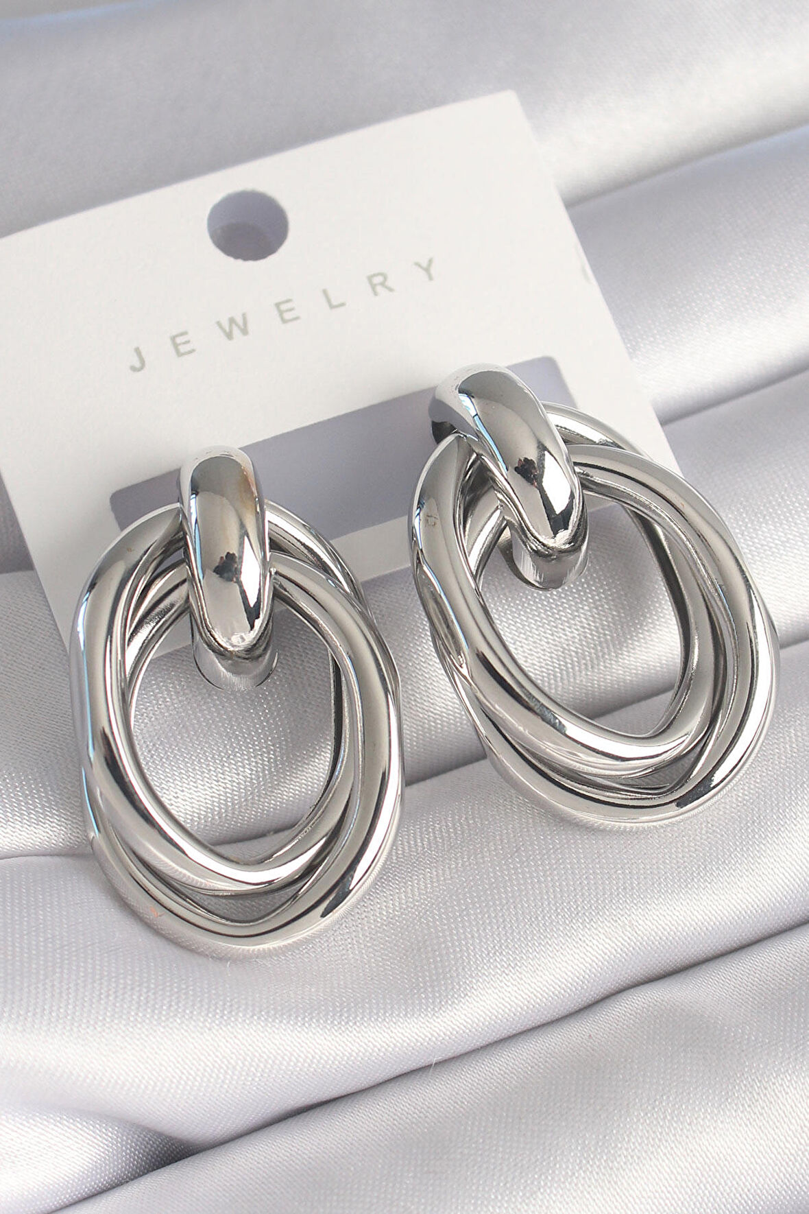 Pirinç Gümüş Renk Oval Sarmal Model Kadın Küpe - EBJ240510W23840