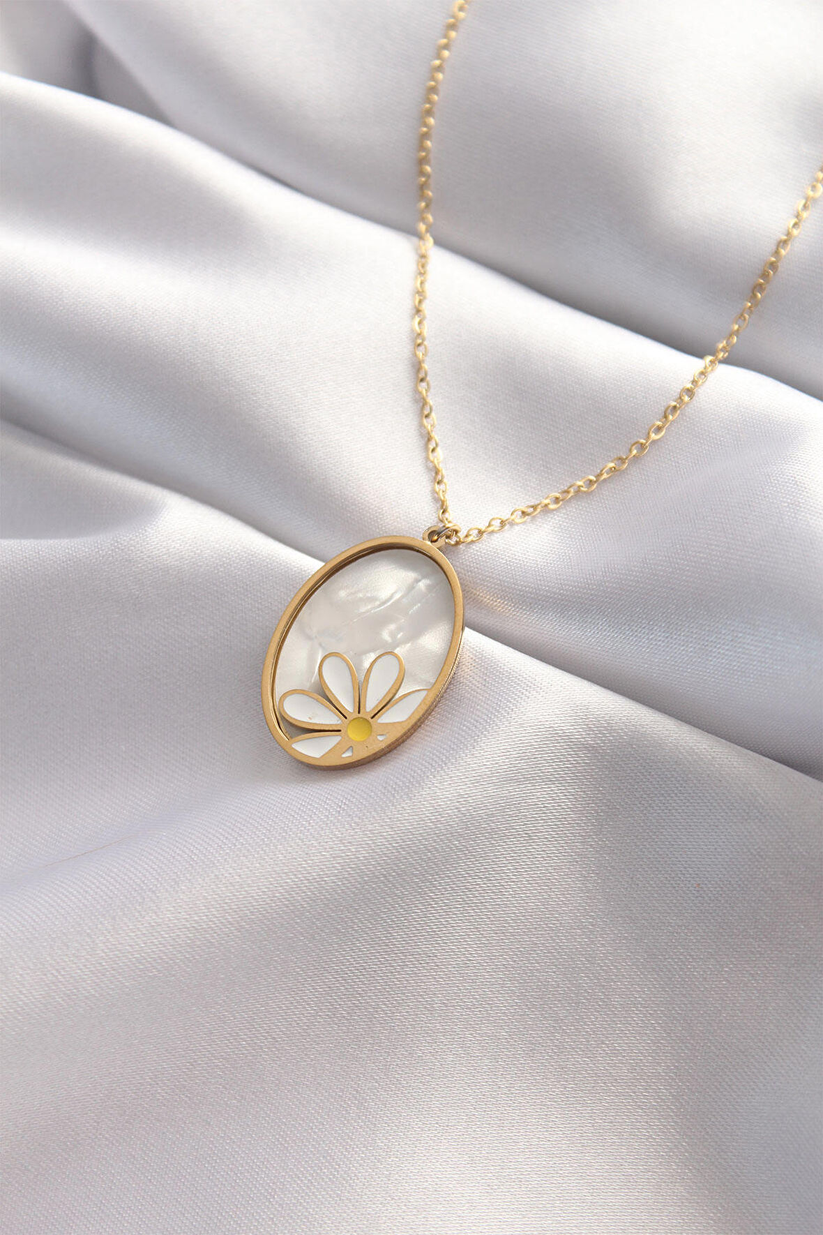 316L Çelik Sedefli Gold Renk Papatya Kolye - EBJ240521W24226