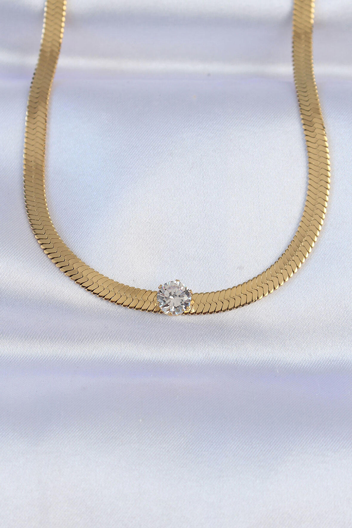 316L Çelik Gold Renk Tek Zirkon Taşlı İtalyan Zincir Kolye - EBJ240613W24945