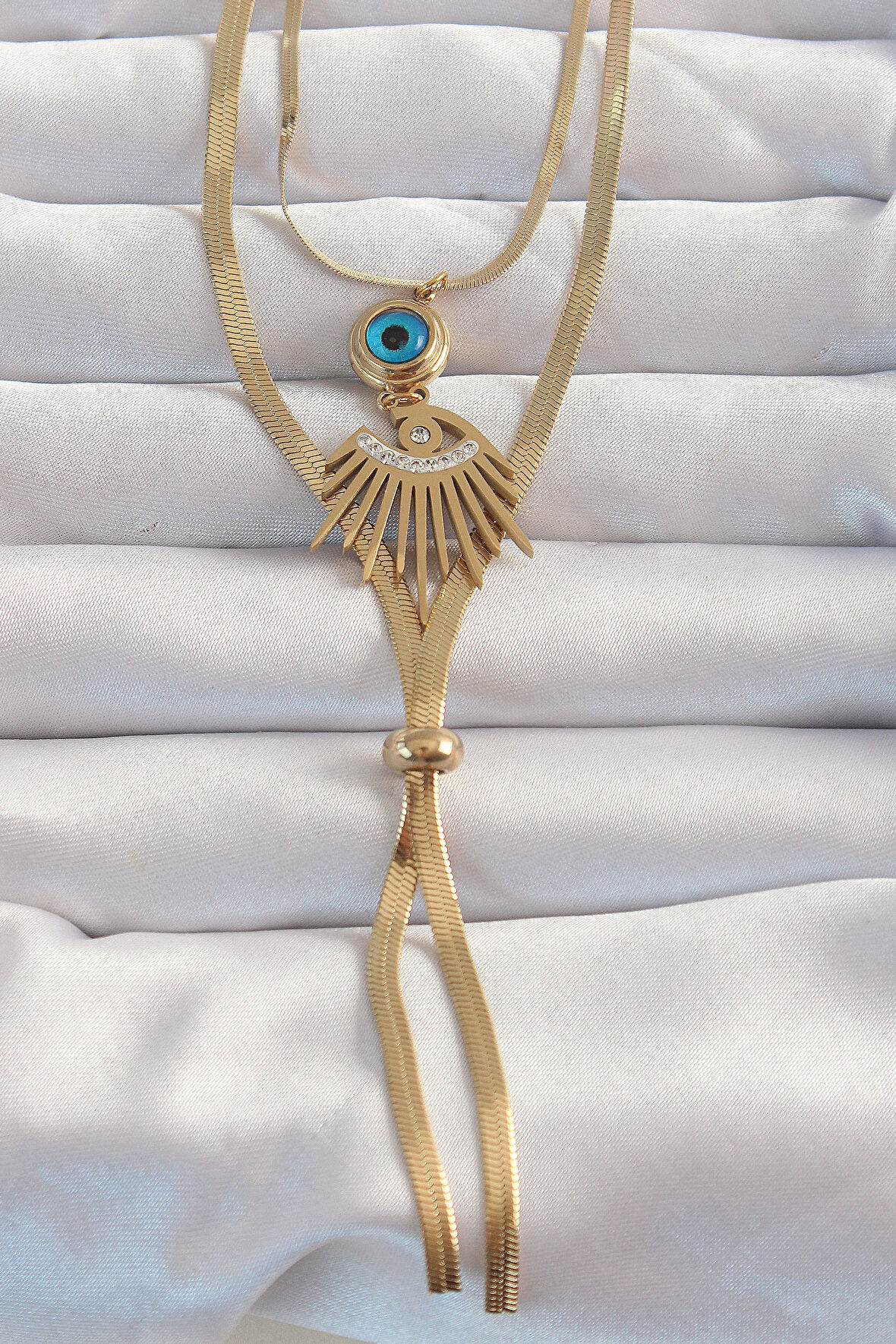 316L Çelik Gold Renk Zirkon Taşlı Göz Detay Nazarlı Uzun Asansör Model Kolye - EBJ240820W26652