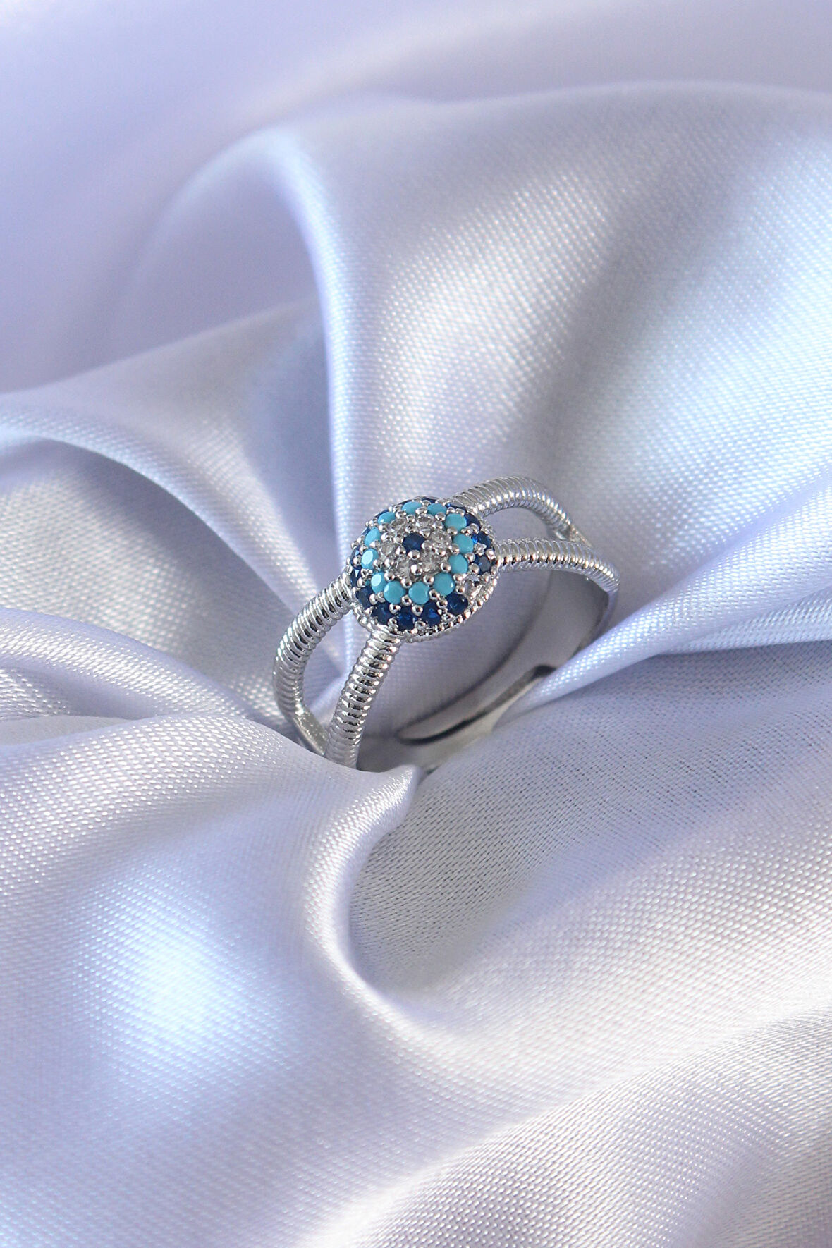 Gümüş Renk Nazar Boncuk Model Kadın Yüzük - EBJ240820W26742