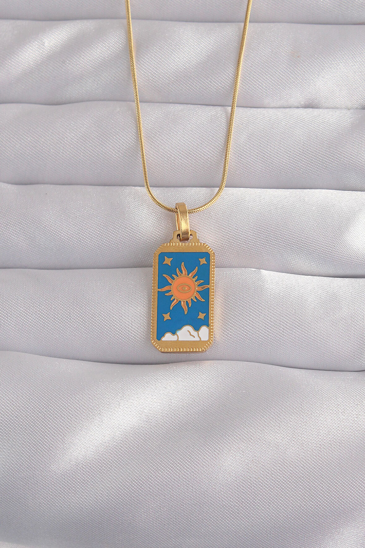 316L Çelik Gold Renk Mavi Mineli Güneş Model Tarot Kolye - EBJ240912W27730