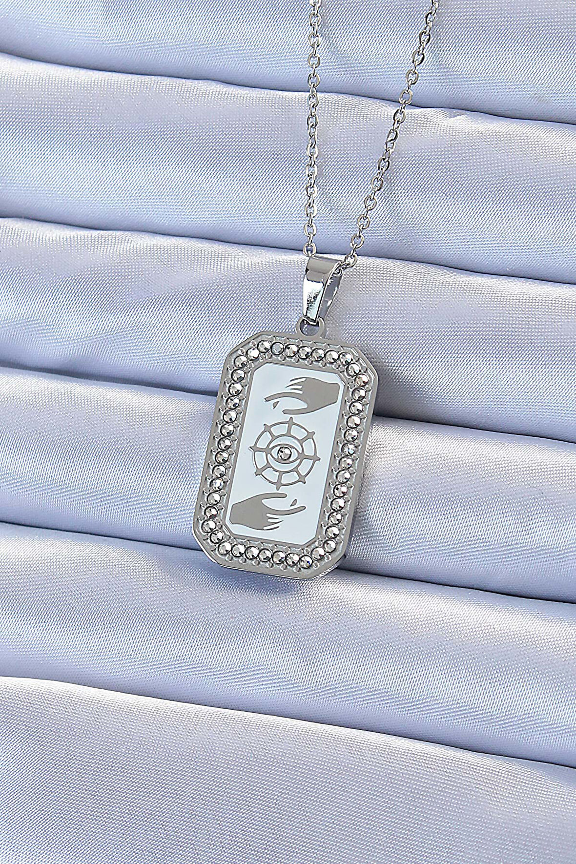 Gümüş Renk Mineli Zirkon Taşlı Göz Figür Tarot Kolye - EBJ240920W28156