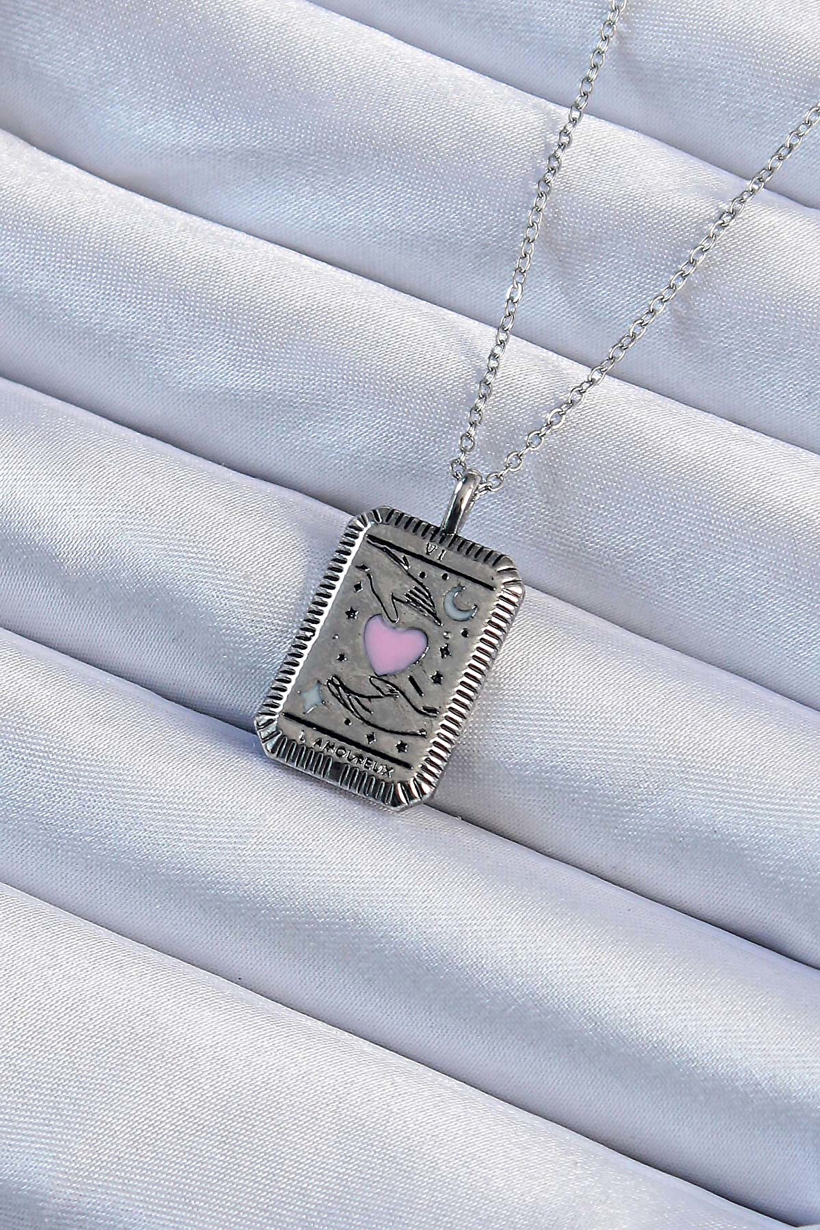 Eskitme Gümüş Renk Pembe Mineli Kalp Figürlü Tarot Kolye - EBJ240920W28216
