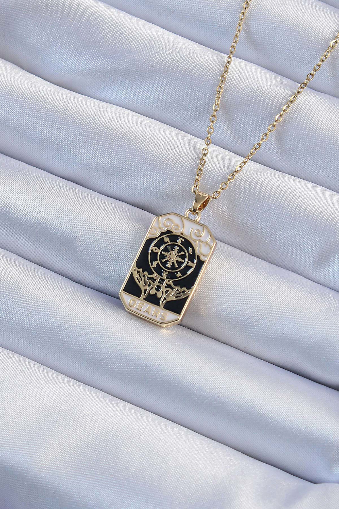 Altın Renk İşlemeli Siyah Mineli Tarot Kolye - EBJ240920W28220