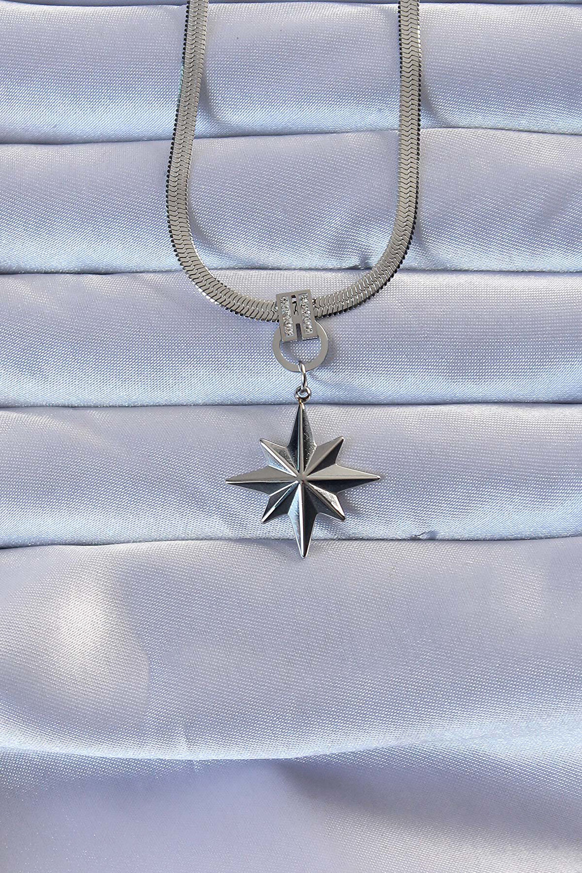  Gümüş Renk Zirkon Taşlı İtalyan Zincirli Kutup Yıldızı Kolye - EBJ240928W28304