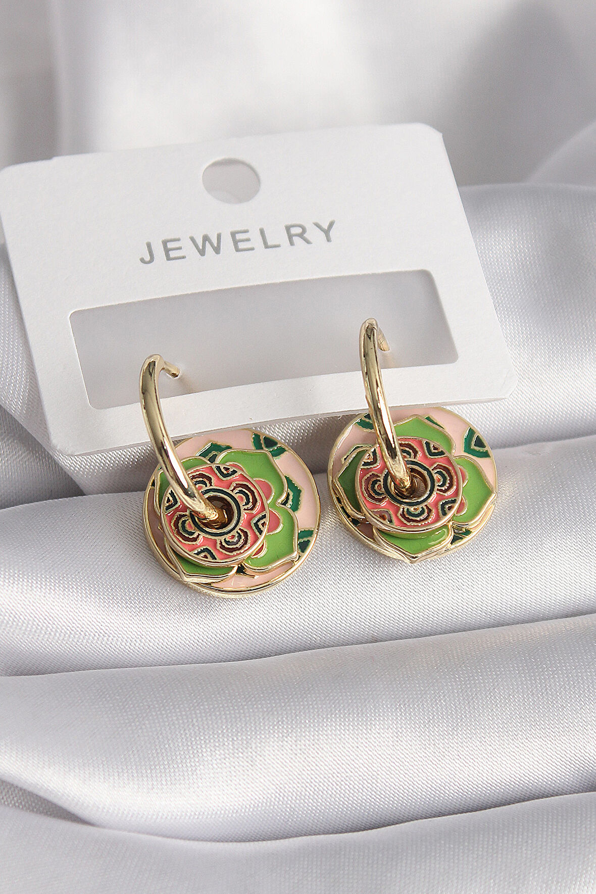 Gold Renk Pembe Yeşil Renkli Motif Model Kadın Küpe - EBJ241109W28965