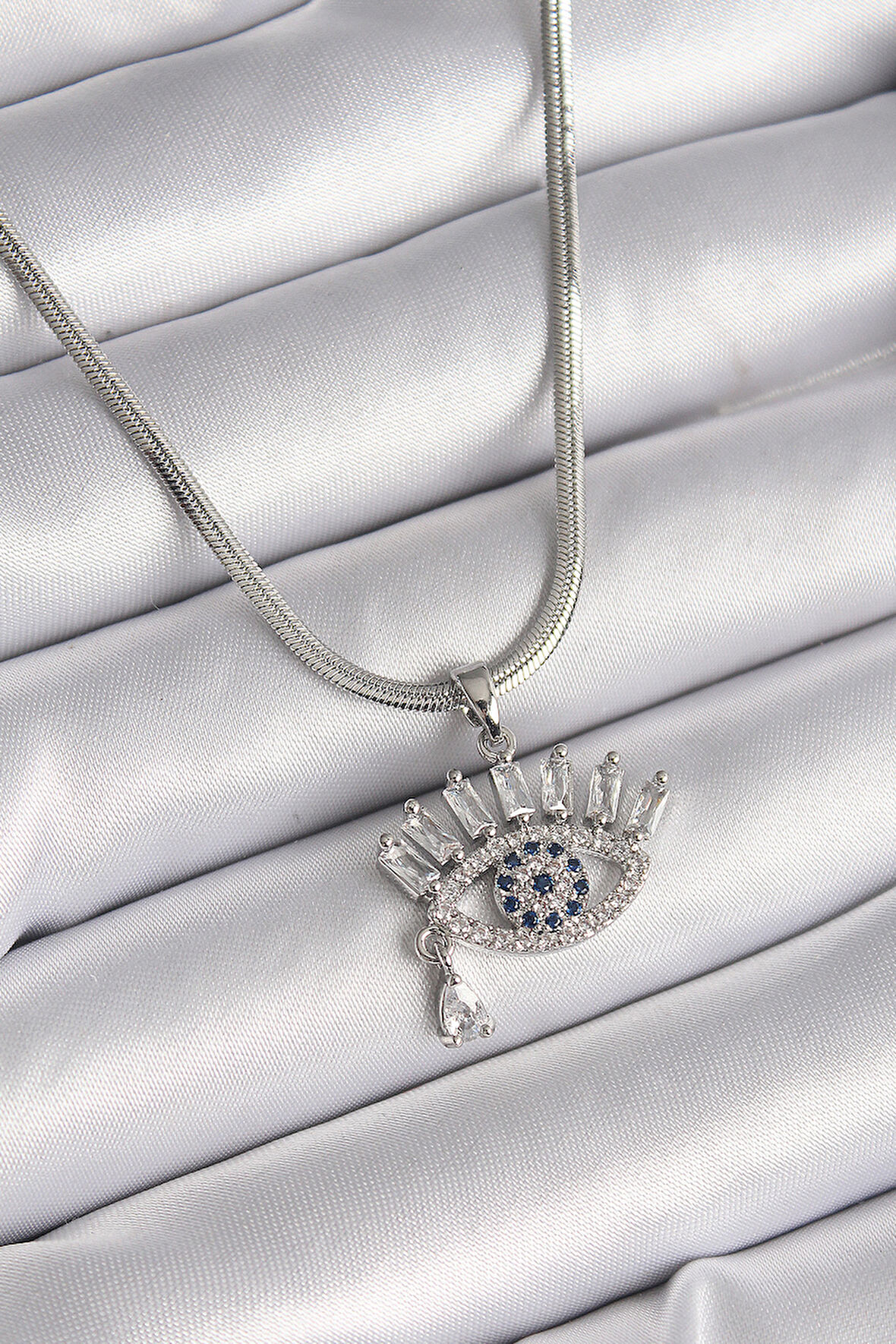 Gümüş Renk İtalyan Zincir Zirkon Taşlı Göz Model Kadın Kolye - EBJ241214W29952