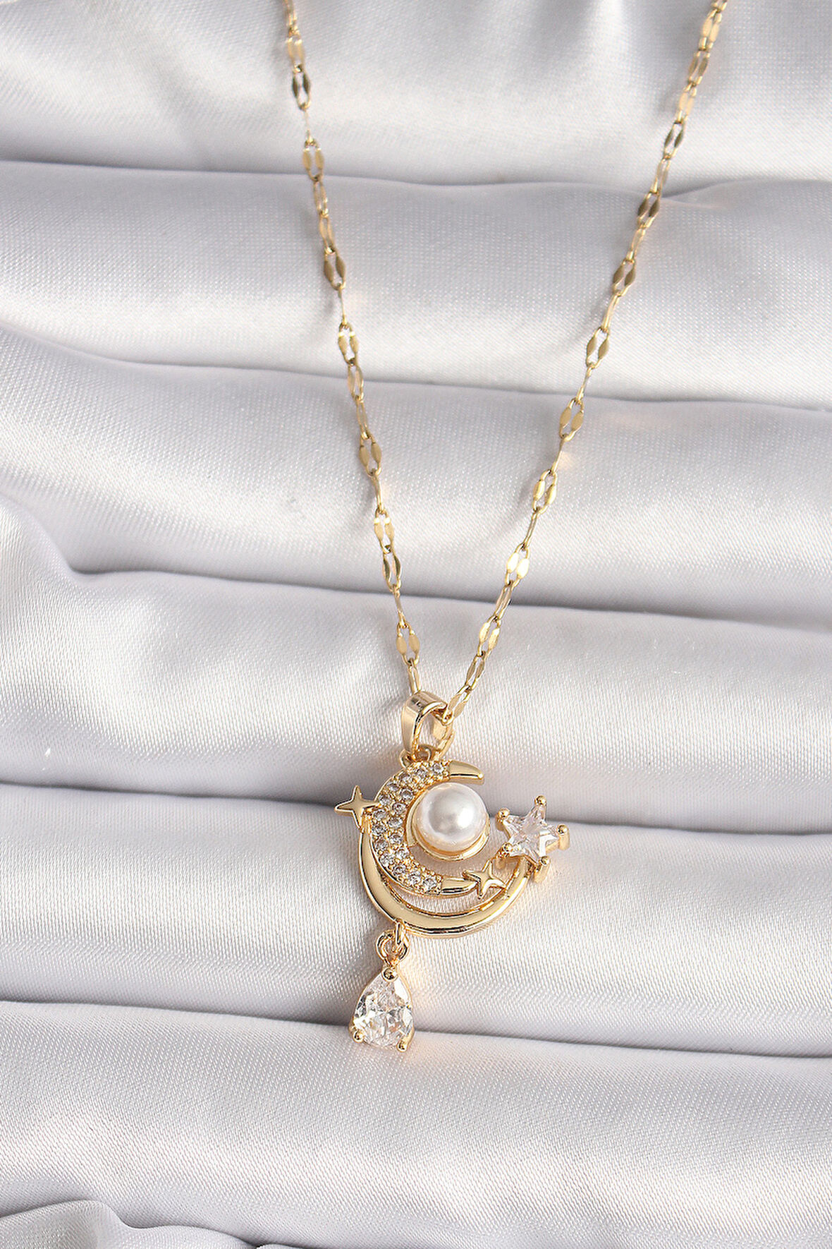 316L Gold Renk Zirkon Taşlı Ay Yıldız Model Sallantı Detay Kadın Kolye - EBJ250118W30733