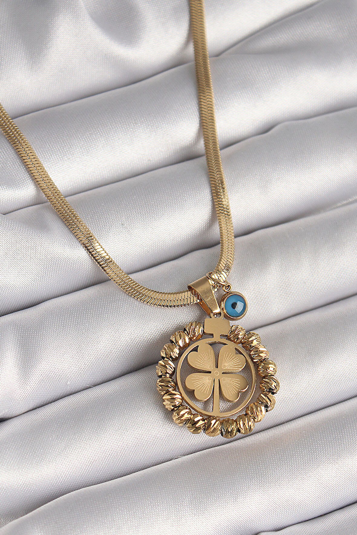 Gold Renk İtalyan Zincir Dorika Yonca Model Nazar Boncuk Detay Kadın Kolye - EBJ250301W31593