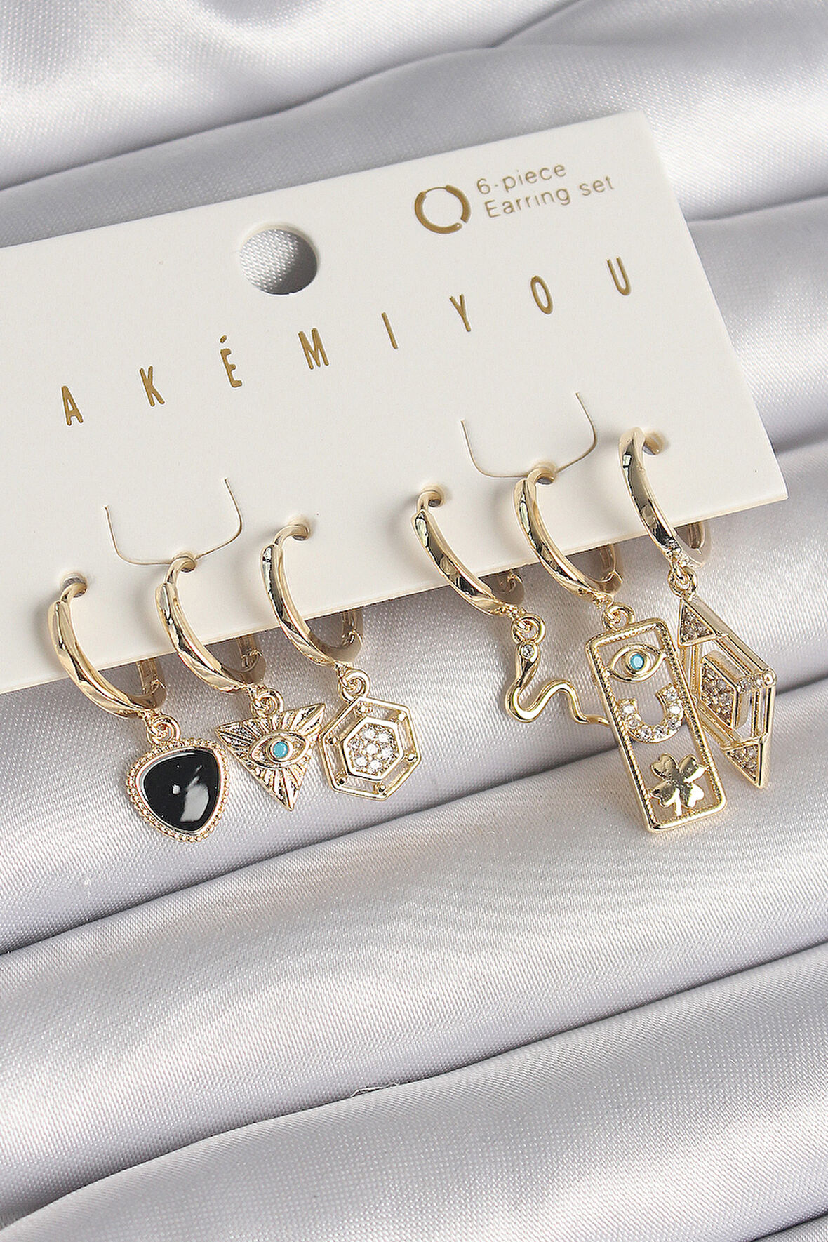 Pirinç Gold Renk Zirkon Taşlı Çoklu Sallantı Figür VIP Seri Kadın Küpe Seti - EBJ250301W31488