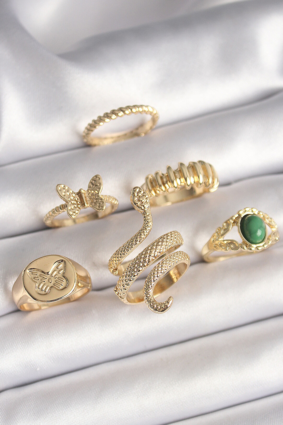 Pirinç Gold Renk İşlemeli Yılan Model Kelebek Detay 6'Lı Kadın Yüzük Seti - EBJ250301W31423