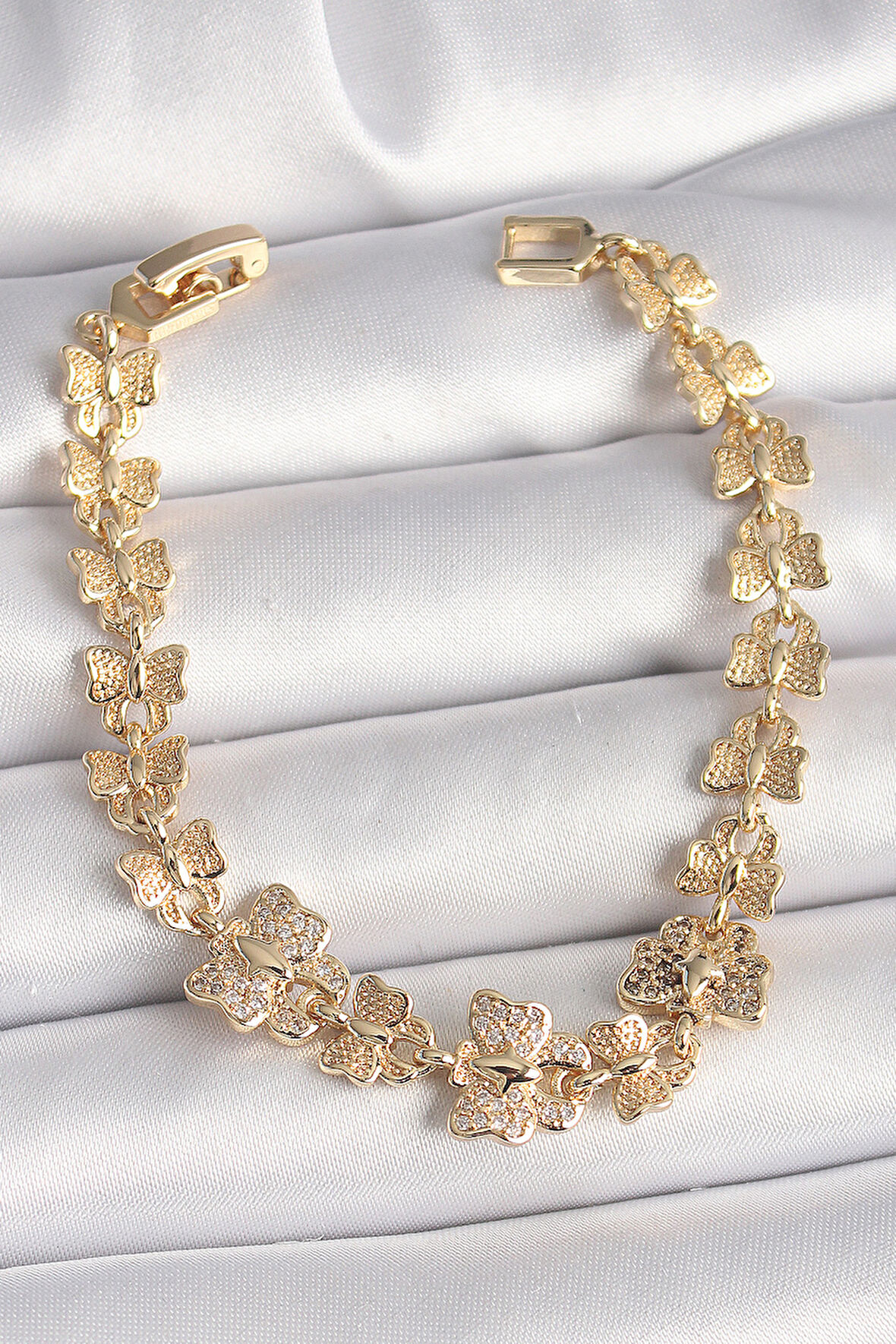 Pirinç Gold Renk Zirkon Taşlı Kelebek Model Zincir Kadın Bileklik - EBJ250308W31943