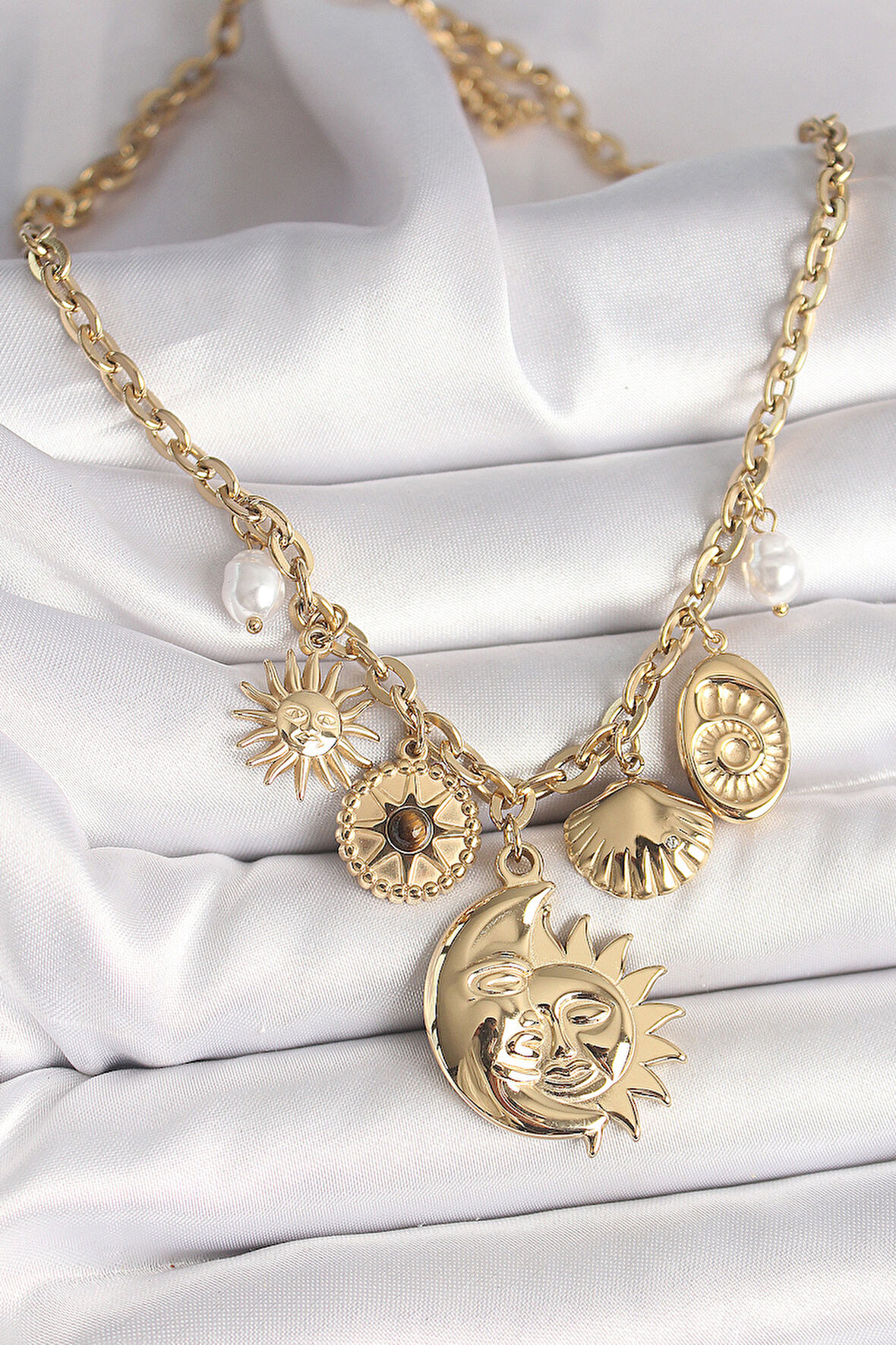 Gold Renk Ay Güneş Figür Deniz Kabuğu Detay Kadın Kolye - EBJ250412W32536