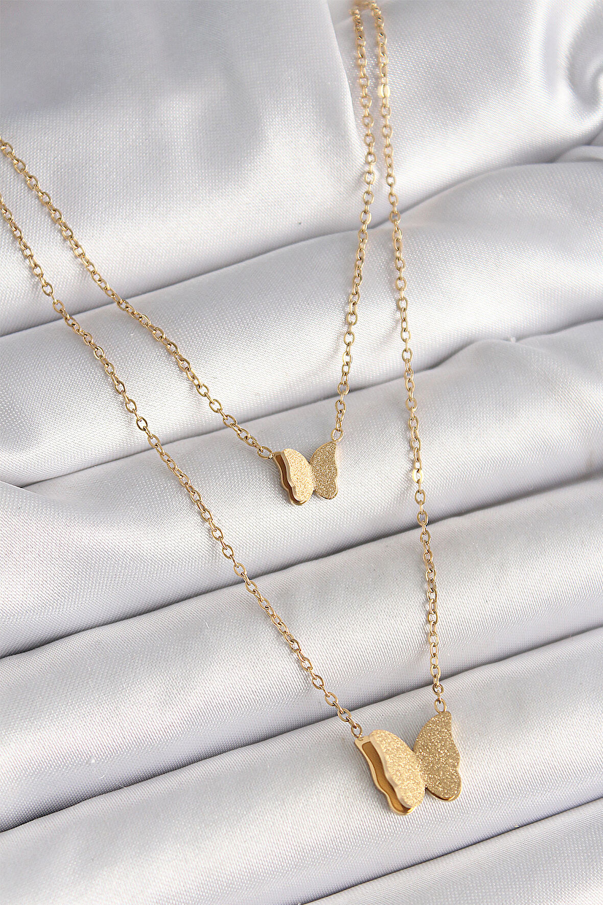 Gold Renk 2'Li Simli Kelebek Model Kadın Kolye - EBJ250412W32655