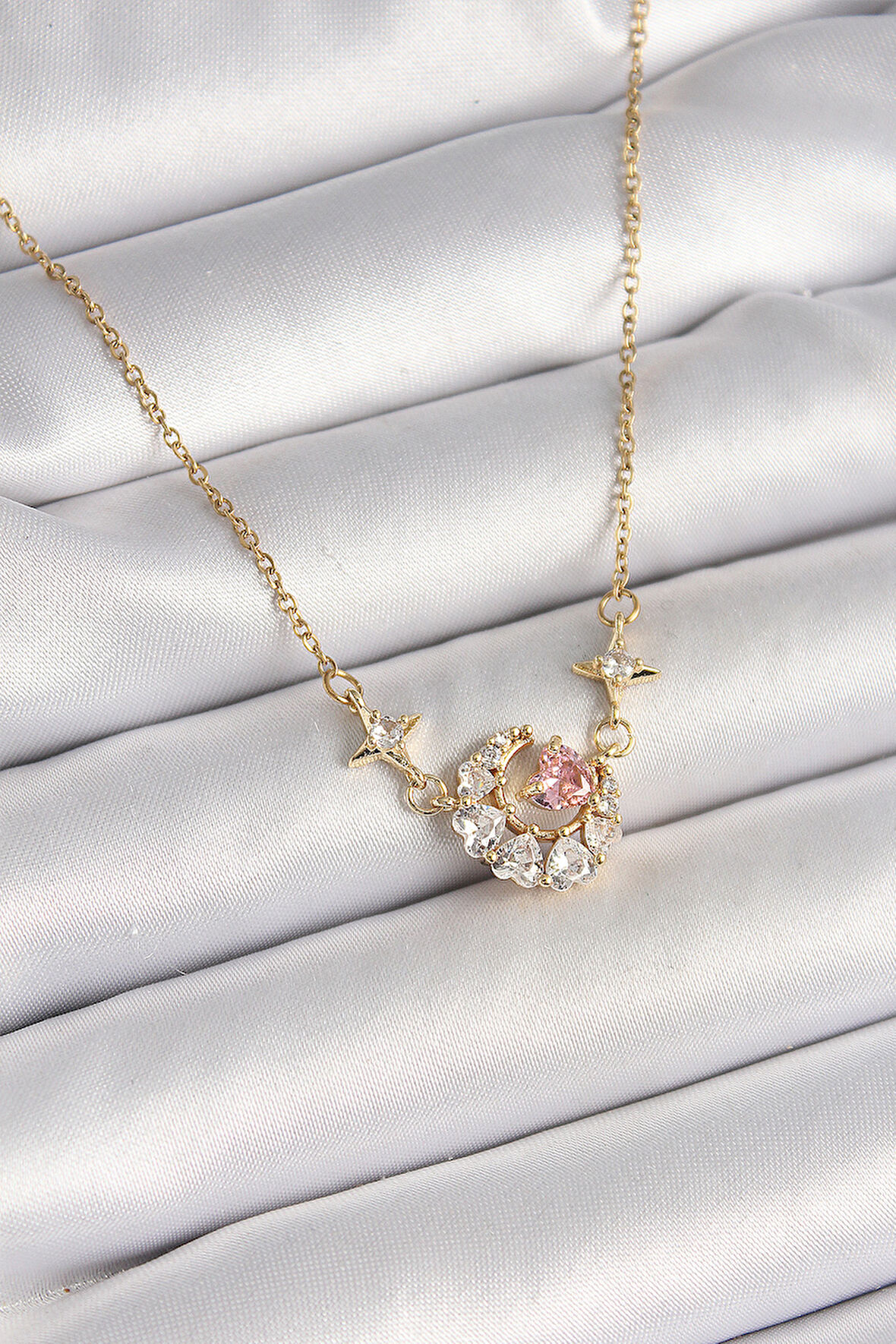 Gold Renk Zirkon Taşlı Hilal Pembe Kalp Model Kadın Kolye - EBJ250412W32659