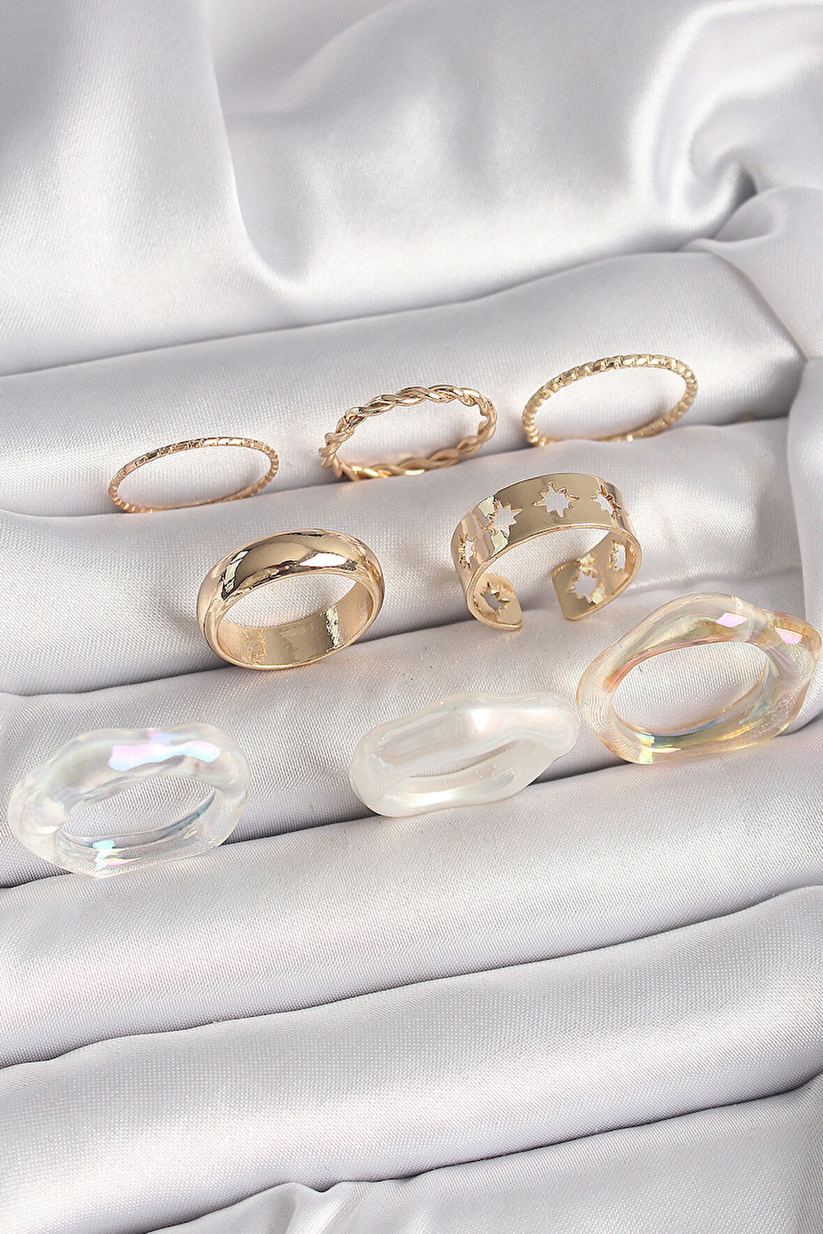 Pirinç Gold Renk Beyaz Akrilik Plastik Modek Kutup Yıldız İşleme Detay Kadın Yüzük Seti - EBJ250412W32489