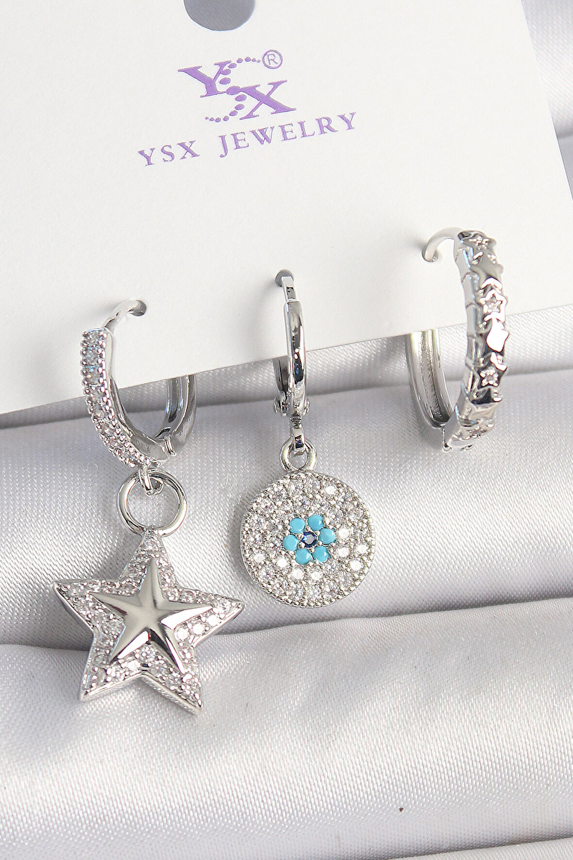 Pirinç Gold Renk Zirkon Taşlı Yıldız Model Nazar Boncuk Detay 3'Lü Kadın Kombin Küpe - EBJ250501W33136