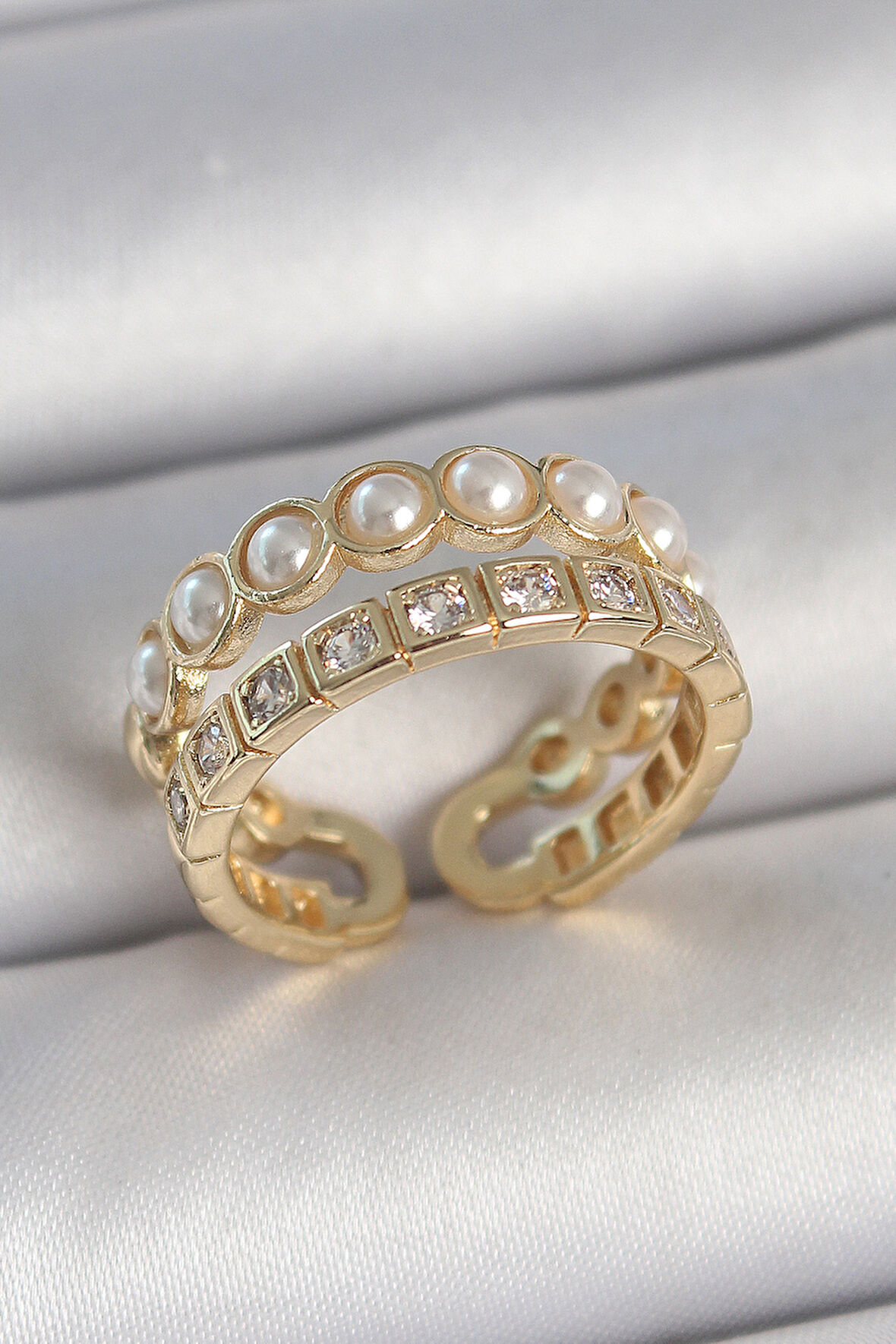 Pirinç Gold Renk 2'Li Zirkon Taşlı Ve İncili Ayarlanabilir Kadın Yüzük - EBJ250501W33615