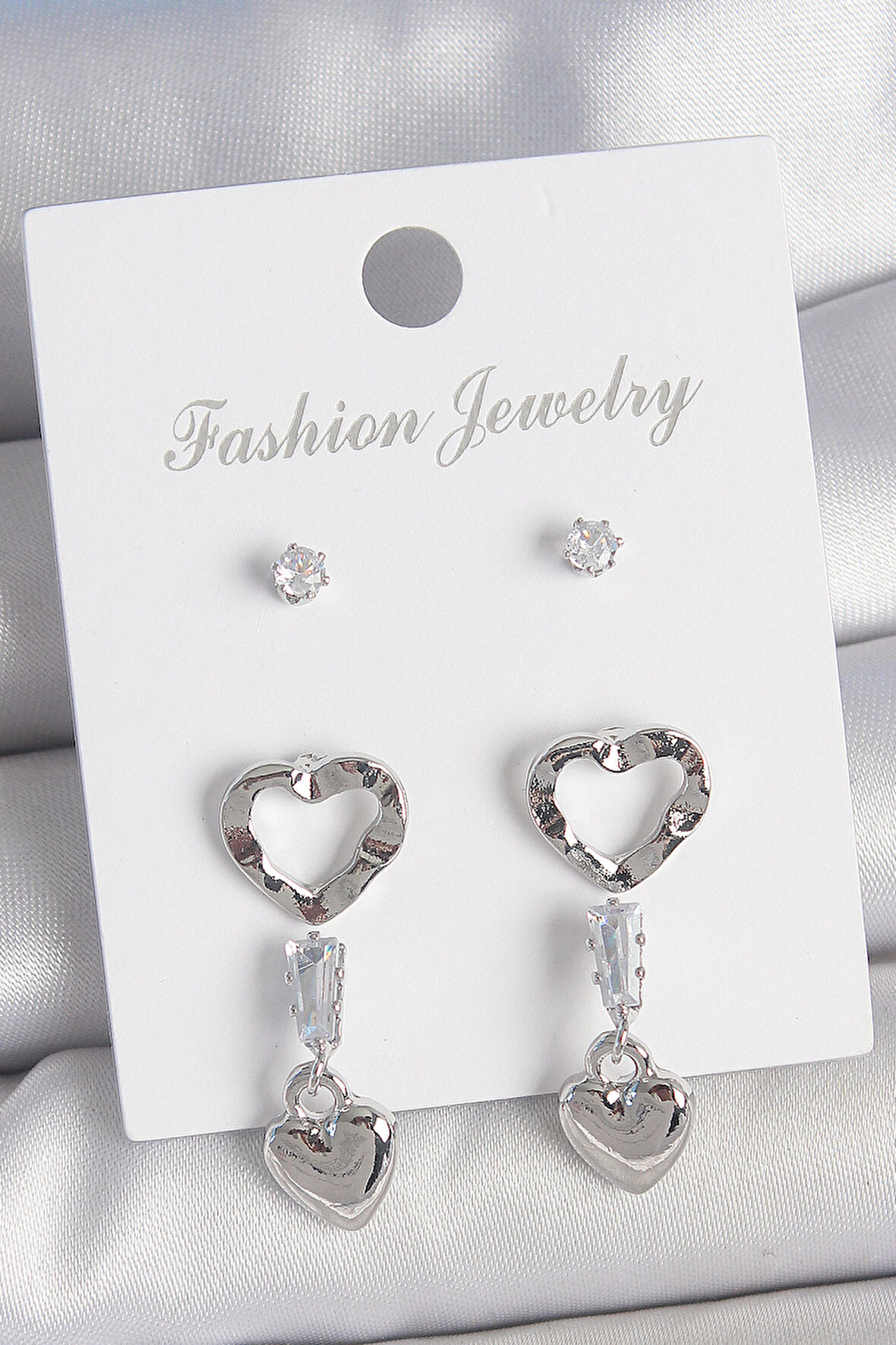 Pirinç Gümüş Renk Zirkon Taş Detaylı Sallantı Model 2 Çift Kadın Küpe Seti - EBJ250522W34213