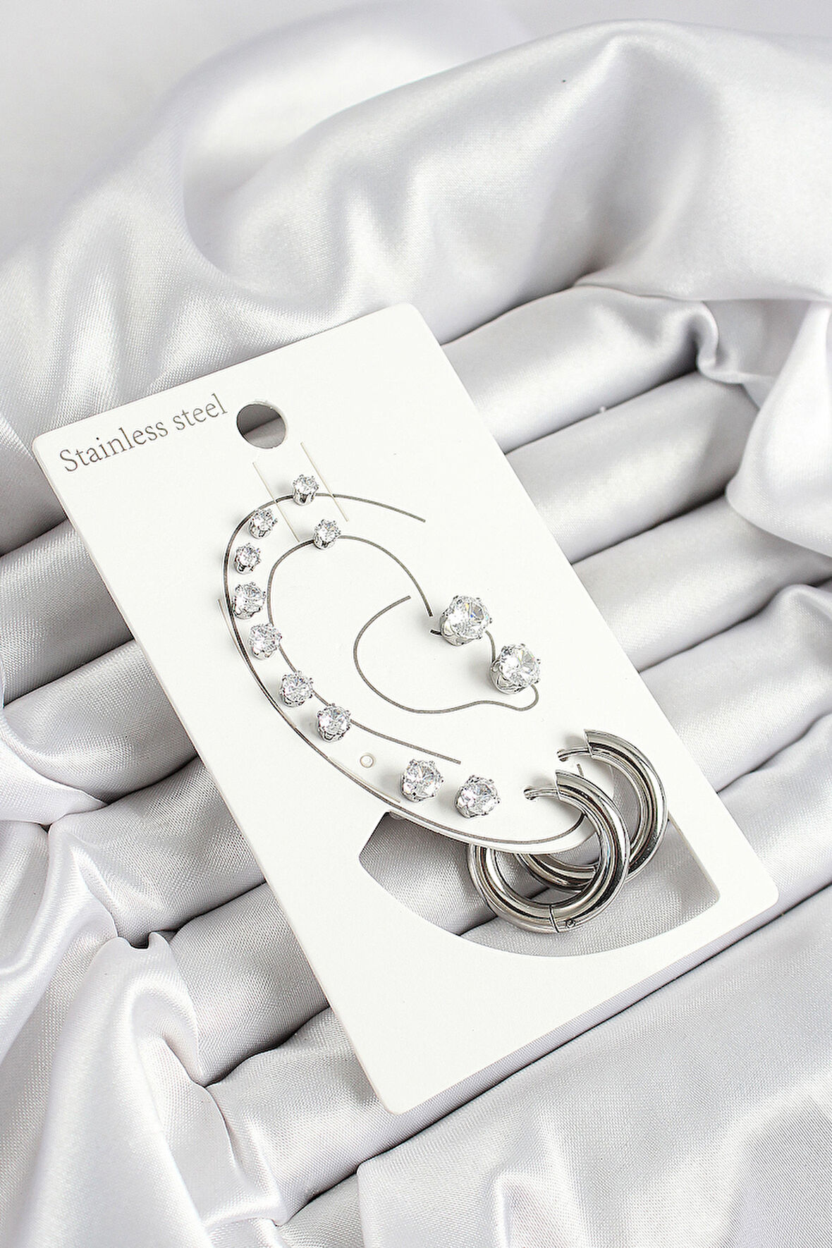 Halka Figürlü Ve Zirkon Taşlı Gümüş Renk 7'li Çift Kadın Küpe Set - EBJ250530W34463