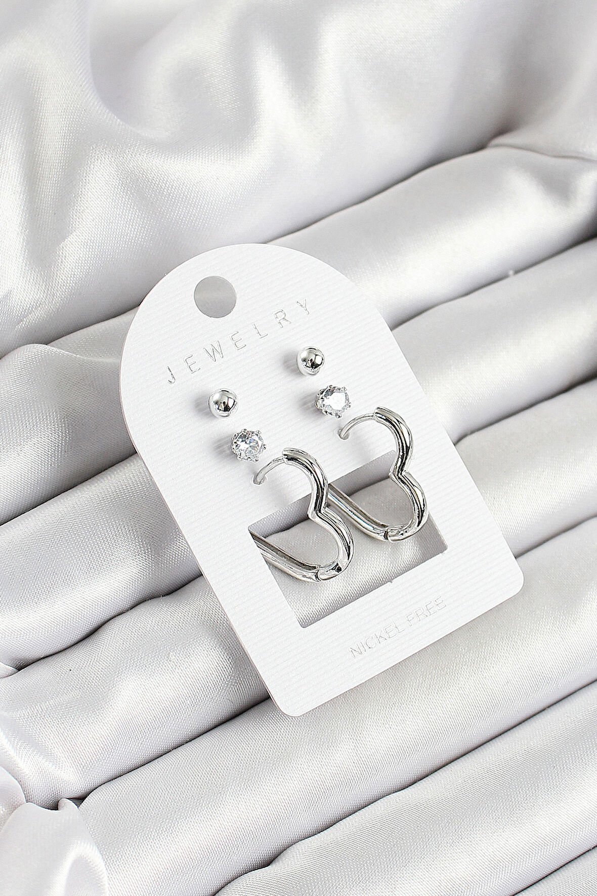 Pirinç Zirkon Taş Ve Kalp Figürlü Gümüş Renk 3'lü Çift Kadın Küpe Set - EBJ250530W34470