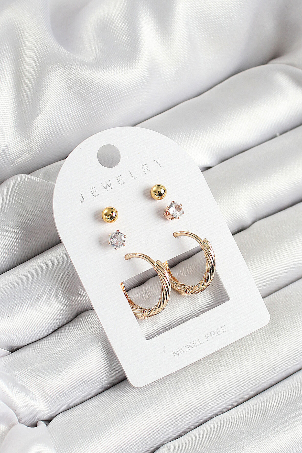 Pirinç Zirkon Taş Ve Halka Figürlü Gold Renk 3'lü Çift Kadın Küpe Set - EBJ250530W34478