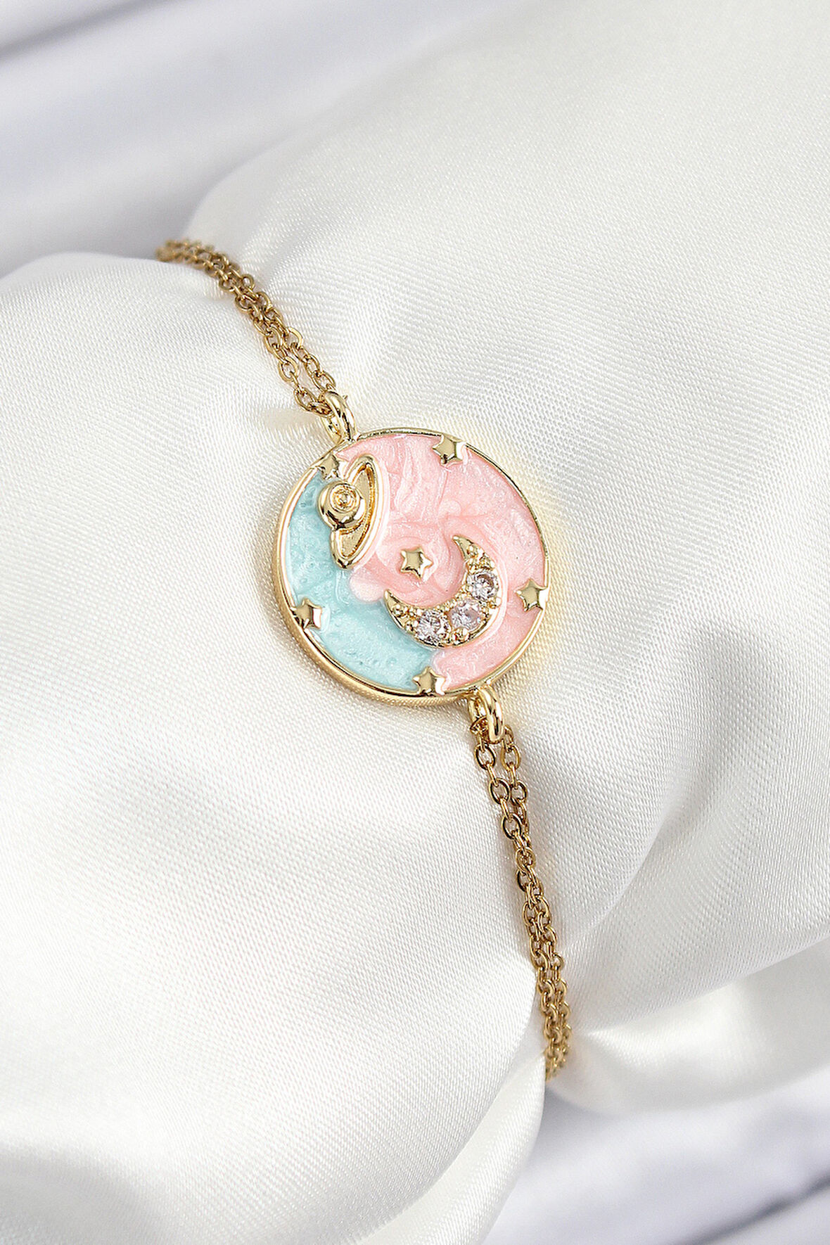 Zincir Mineli Sanatsal Portre Zirkon Taşlı Gezegen Model Gold Renk Kadın Bileklik - EBJ250628W35834