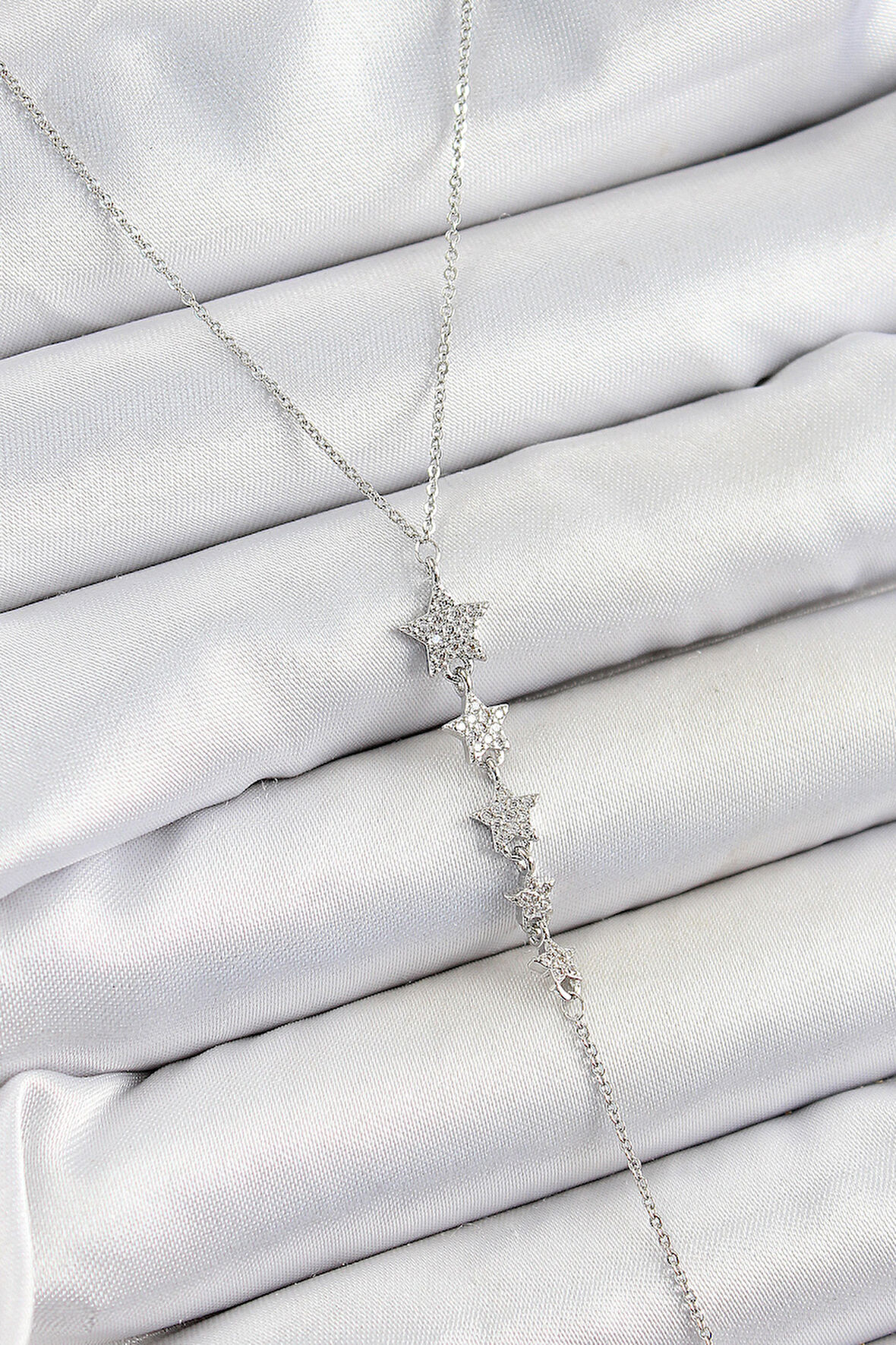 Pirinç Zirkon Taşlı Sıralı Yıldız Figürlü Y Model Gümüş Renk Kadın Kolye - EBJ250628W35857